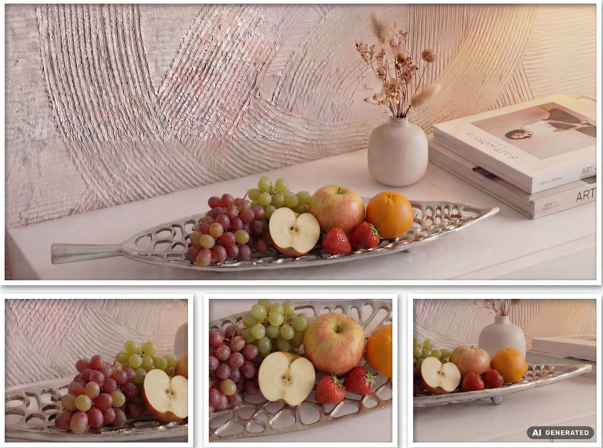 FineBuy Misa na owoce 63 x 15 x 5 cm Srebrna Aluminium Handmade