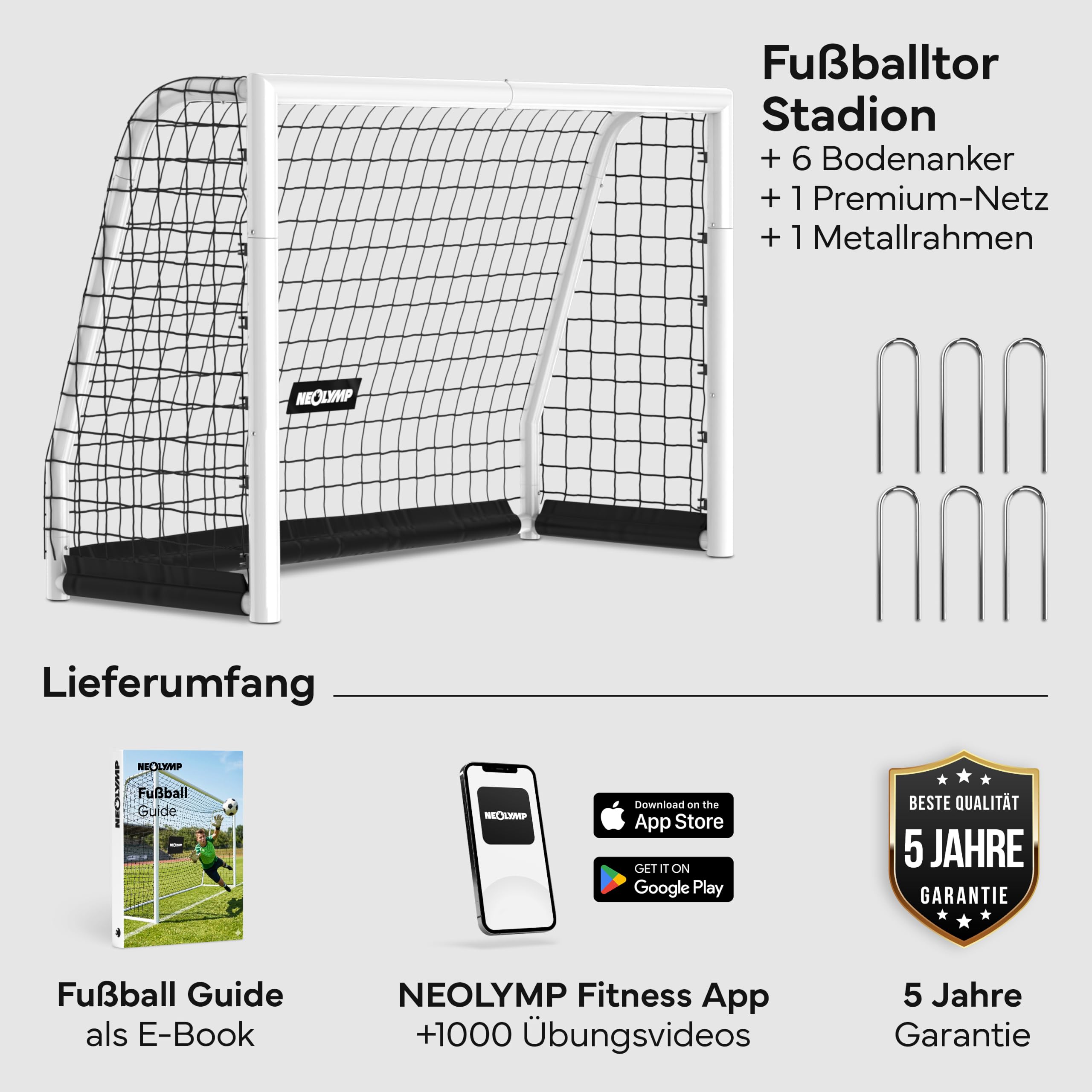 NEOLYMP Fußballtor für Garten – Robustes Stadion-Tor aus Metall, korrosionsgeschützt – Wetterfestes Fußballtor Kinder Outdoor inkl. Heringe – Klicksystem & Polyester-Netz – Einfacher Aufbau