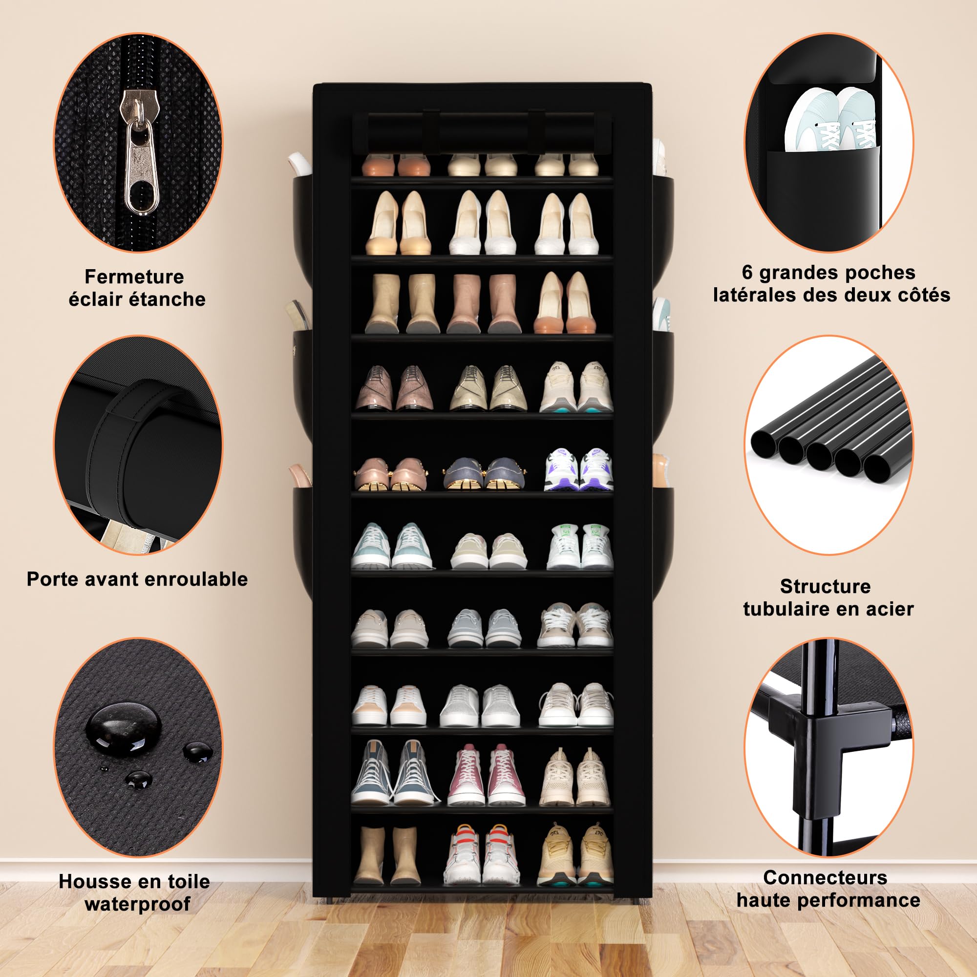 OYREL Étagère à Chaussures 11 Niveaux, Grande Armoire à Chaussures Haute pour 36-41 Paires de Chaussures, Stockage Chaussure-Organisateur avec Couverture étanche à la poussière