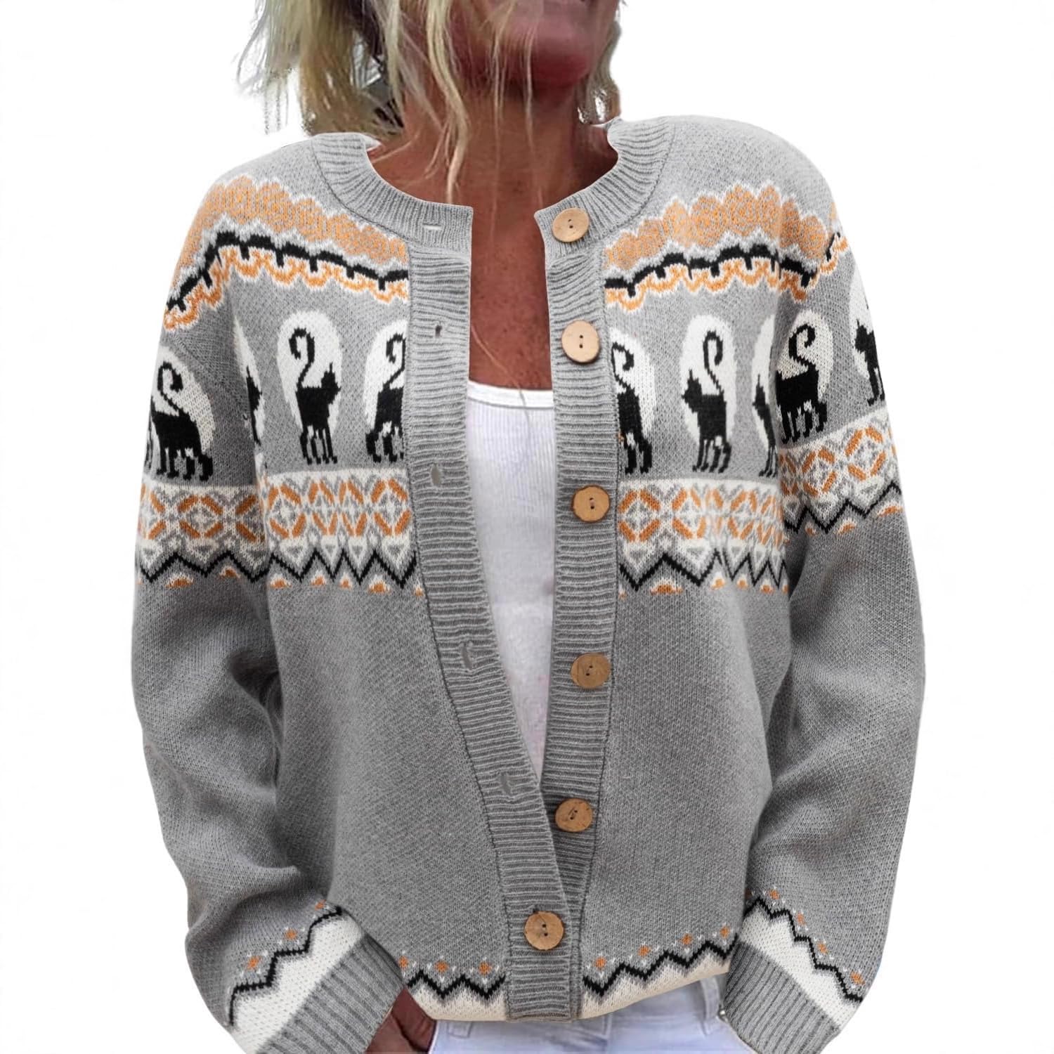 heyheyshine Cat Sweaters for Women Oversized Cardigan Sweater Crew Y2K Button Knit Cardigan Sweater Cute Cardigan Sweaters