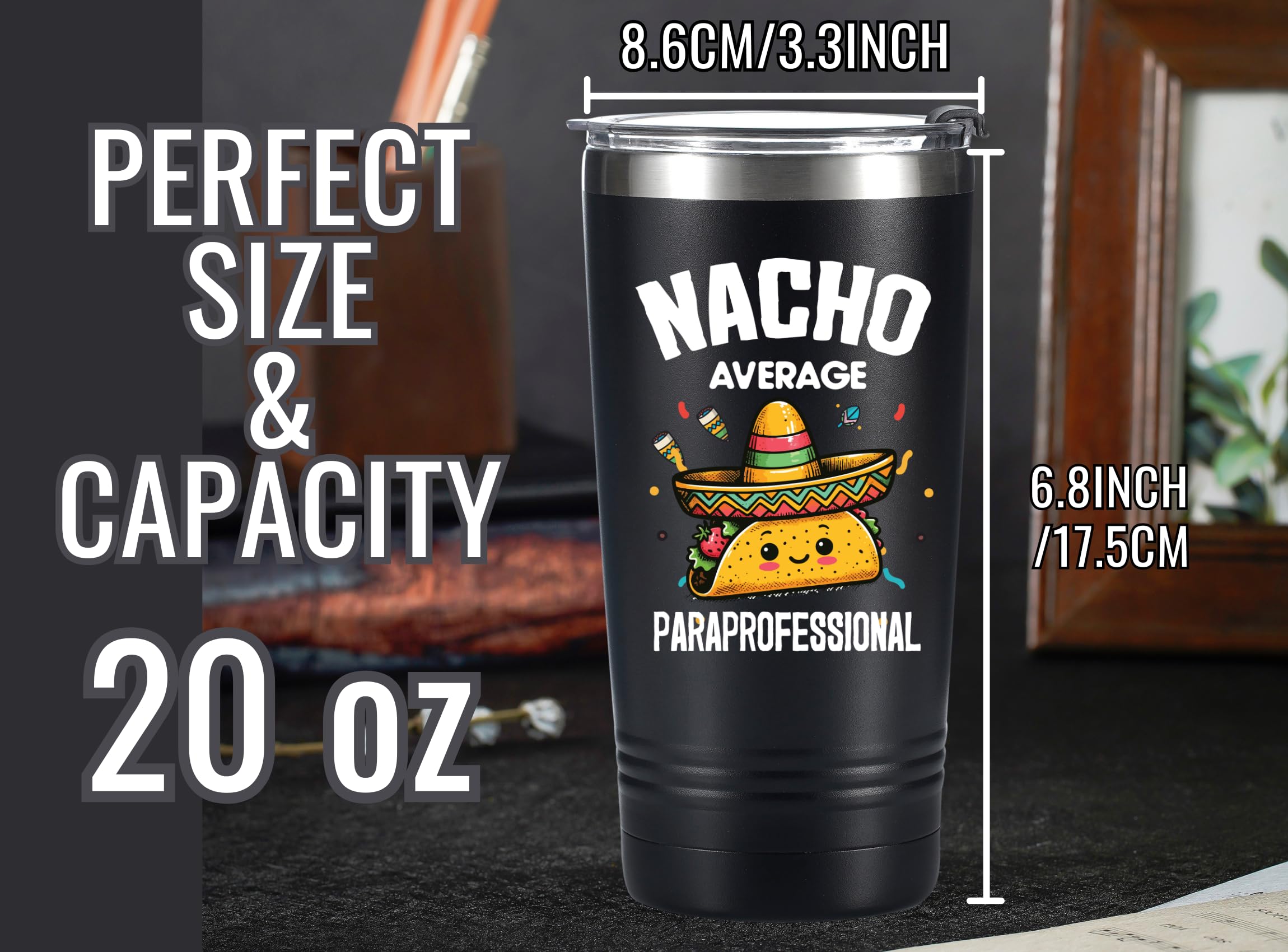 Onebttl Paraprofessional Appreciation Gifts, Funny Gifts for Teacher Paraprofessional, 20oz Stainless Steel Black Insulated Tumbler with Lid & Straw - Nacho Average
