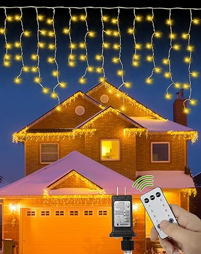 Miniatura 9 de Luces de carámbano para Navidad al aire libre, 520 LED, 49 pies, luz blanca cálida, 80 carámbanos, 2700K, con control remoto/8 modos/temporizador,