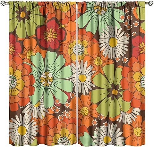 Miniatura 13 de Cortinas florales retro de los años 70, estampado de margaritas naranjas de los años 70, adecuadas para el hogar, dormitorio, ventana, decoración