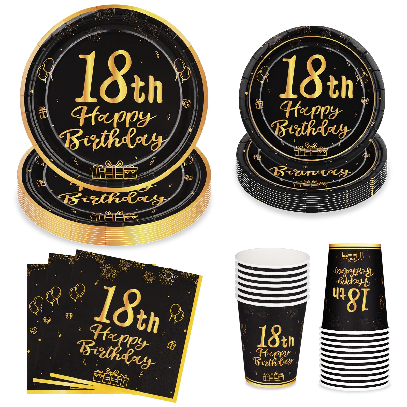 LAWALEISHE 18th Happy Birthday Party Plates Cups and Napkins, Black Gold 9" and 7" Disposable Paper Plates and Cups, 96pcs Party Tableware Set 24 Guests, Birthday Supplies for Table Decorations