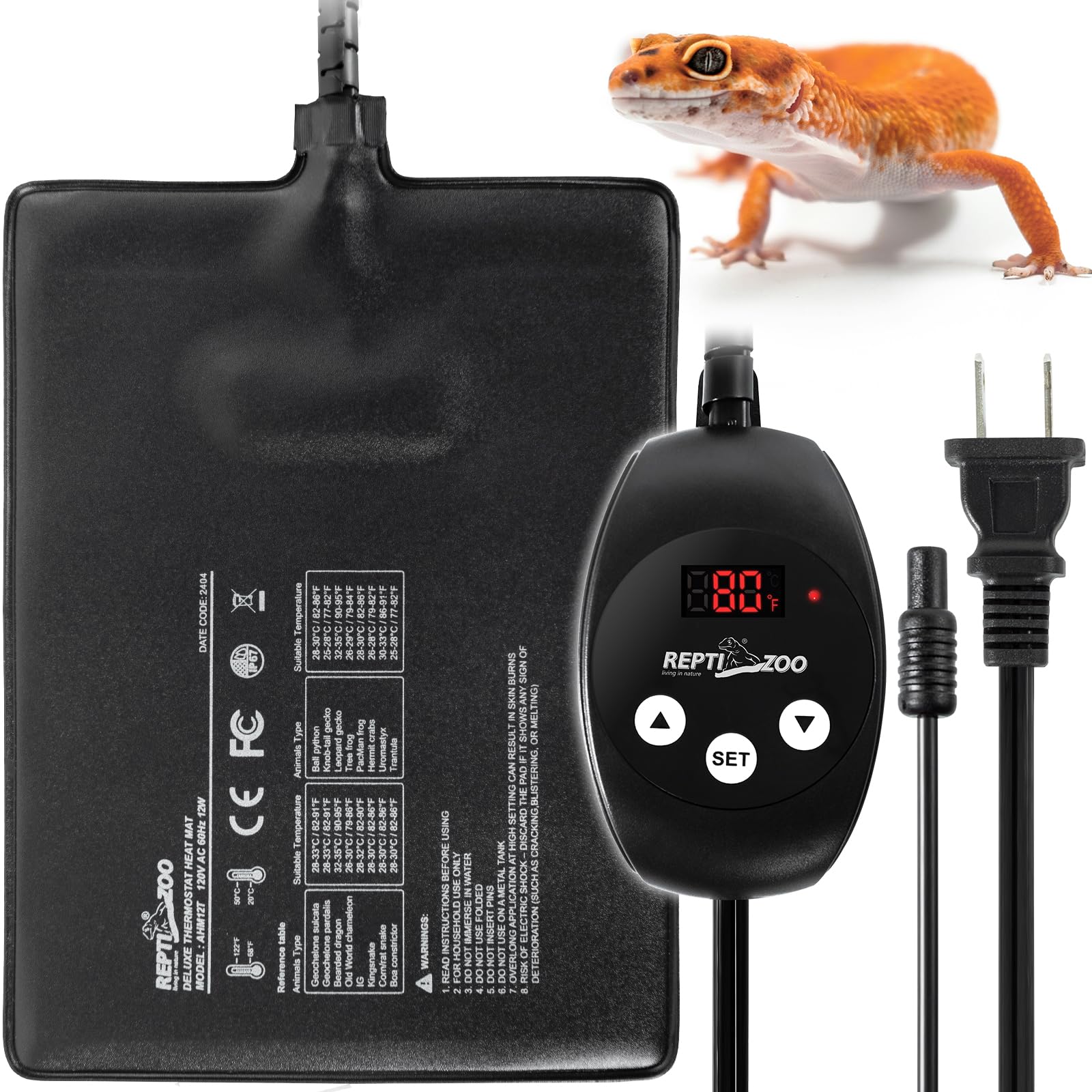 REPTI ZOO 6" X 8" Reptile Heat Pad Fast Heating Pad with Adjustable Thermostat 12W Reptile Heat Mat for Turtles/Hermit Crabs/Bearded Dragons/Leopard Geckos/Snakes/Lizards, and Seed Germination
