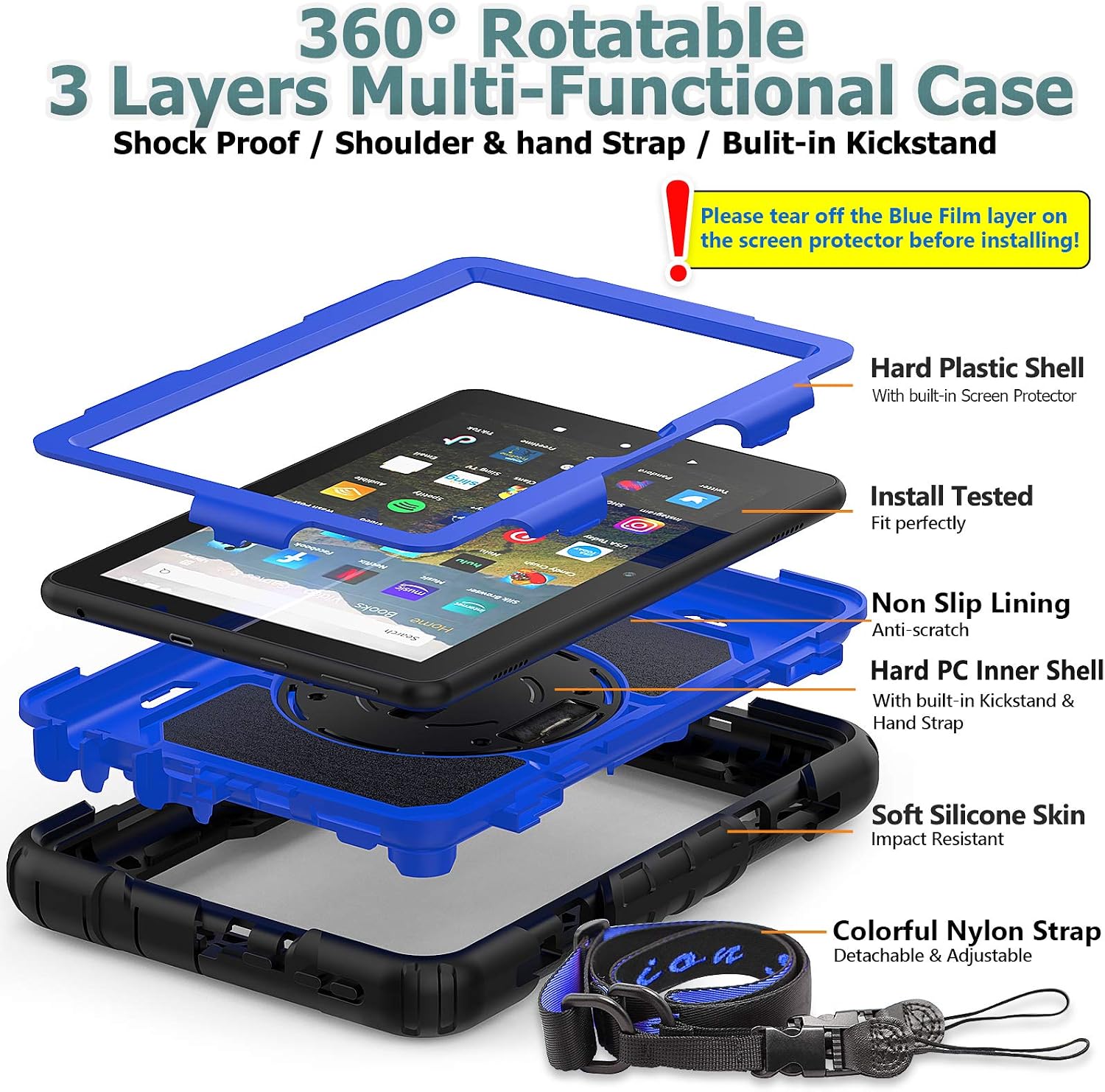 Black Friday Clearance SEYMAC stock Case for FireHD 8/8Plus (10th Generation 2020 Release), Drop-Proof Full-Body Case with 360 Degrees Rotating Stand [Screen Protector] Hand Strap for FireHD 8& 8 Plus 10th Gen(Blue+Black)