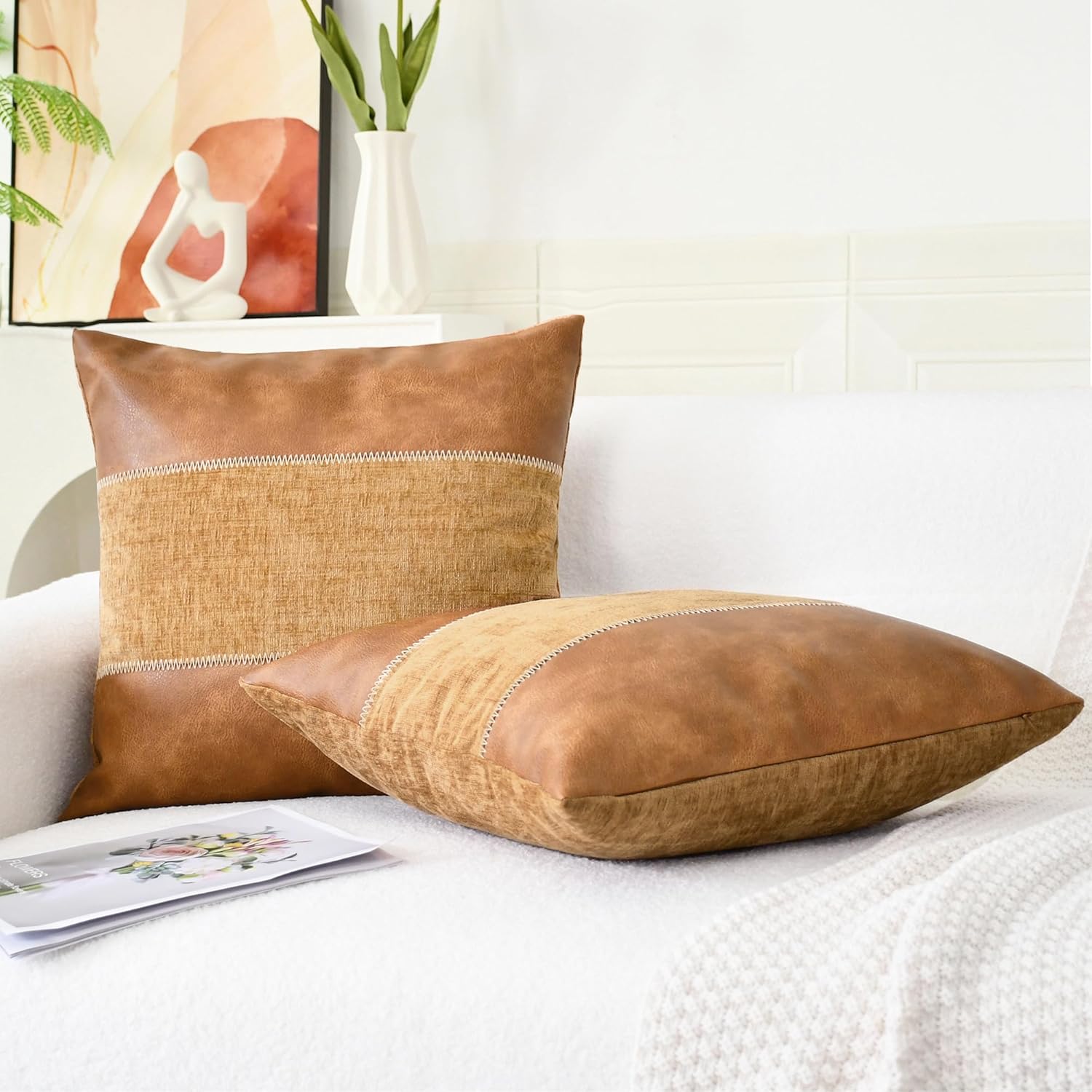 CaliTime Throw Pillow Covers Pack of 2 Soft Faux Leather Solid Dyed Chenille Cushion Cases for Couch Sofa Home Decoration 18 X 18 Inches Apricot Brown - Image 2