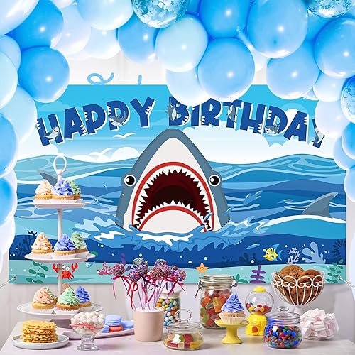 Miniatura 5 de Cartel de fondo de decoración de fiesta de tiburón, decoraciones de cumpleaños de tiburón, fondo de fotografía de zona de tiburones para niños y