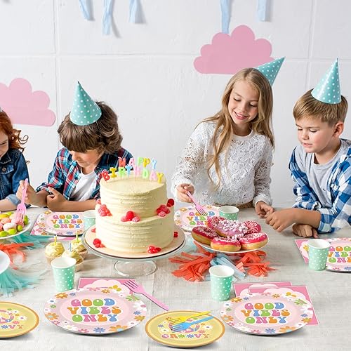 Miniatura 5 de ZOIIWA 96 piezas de suministros de fiesta Groovy para 24 invitados, juego de vajilla bohemio bohemio hippie margarita, decoración de fiesta pastel,