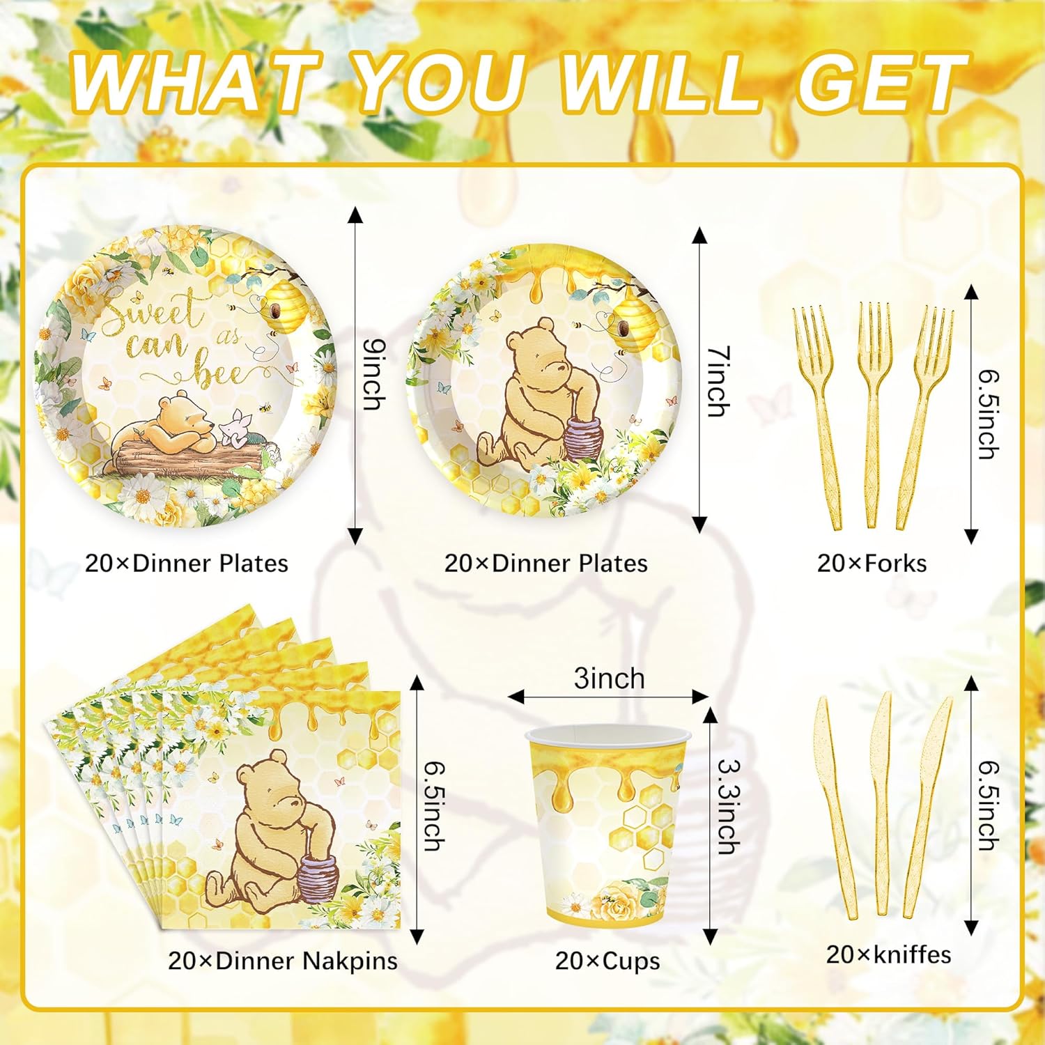 120PCS Classic Winnie Bear Party Supplies for Girls Baby Shower Kids Spring Sweet as Can Bee Neutral Themed Decorations Plates Napkin Cups Tableware Set for 20 Guests - Image 2
