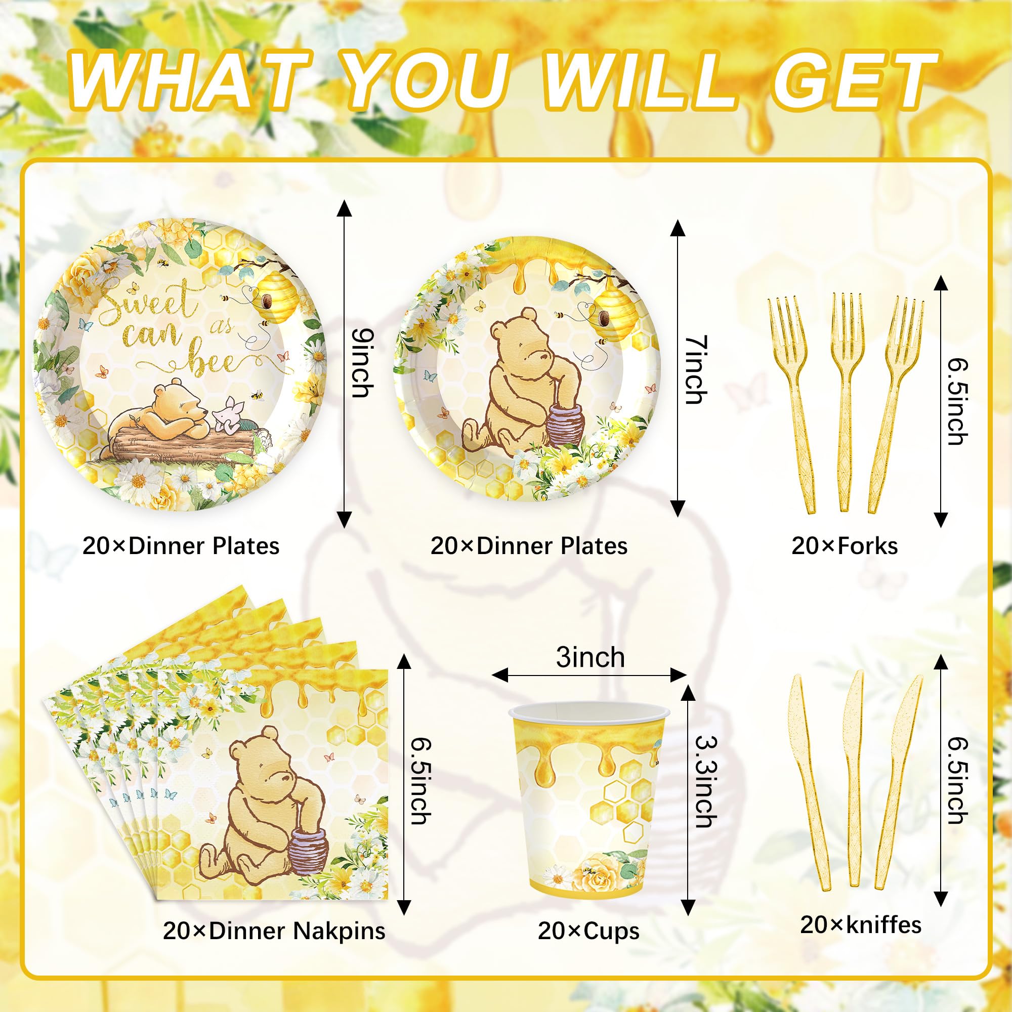 120PCS Classic Winnie Bear Party Supplies for Girls Baby Shower Kids 1st Birthday Spring Sweet as Can Bee Neutral Themed Decorations Plates Napkin Cups Tableware Set for 20 Guests