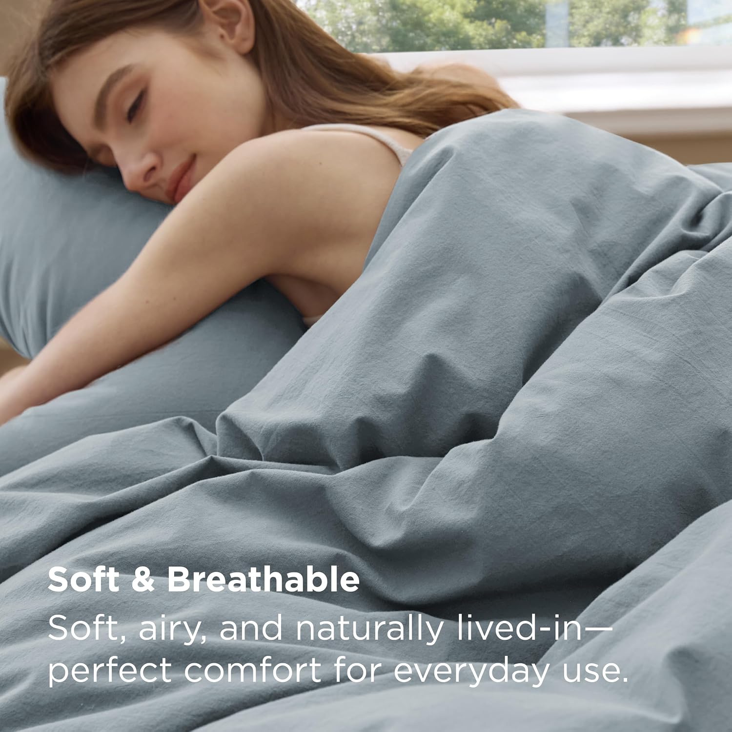 Bedsure 100% Washed Cotton Duvet Cover Queen Size - Dusty Blue Minimalist Cotton Bedding Linen Like for All Seasons - GentleSoft™ Plain Simple Duvet Cover, 3 Pieces (Dusty Blue, Queen, 90"x90") thumbnail