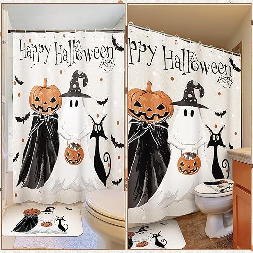 Miniatura 2 de Juego de 4 cortinas de ducha fantasma de Halloween de 72 pulgadas, juego de decoración de baño de Halloween con 12 ganchos, alfombra antideslizante,
