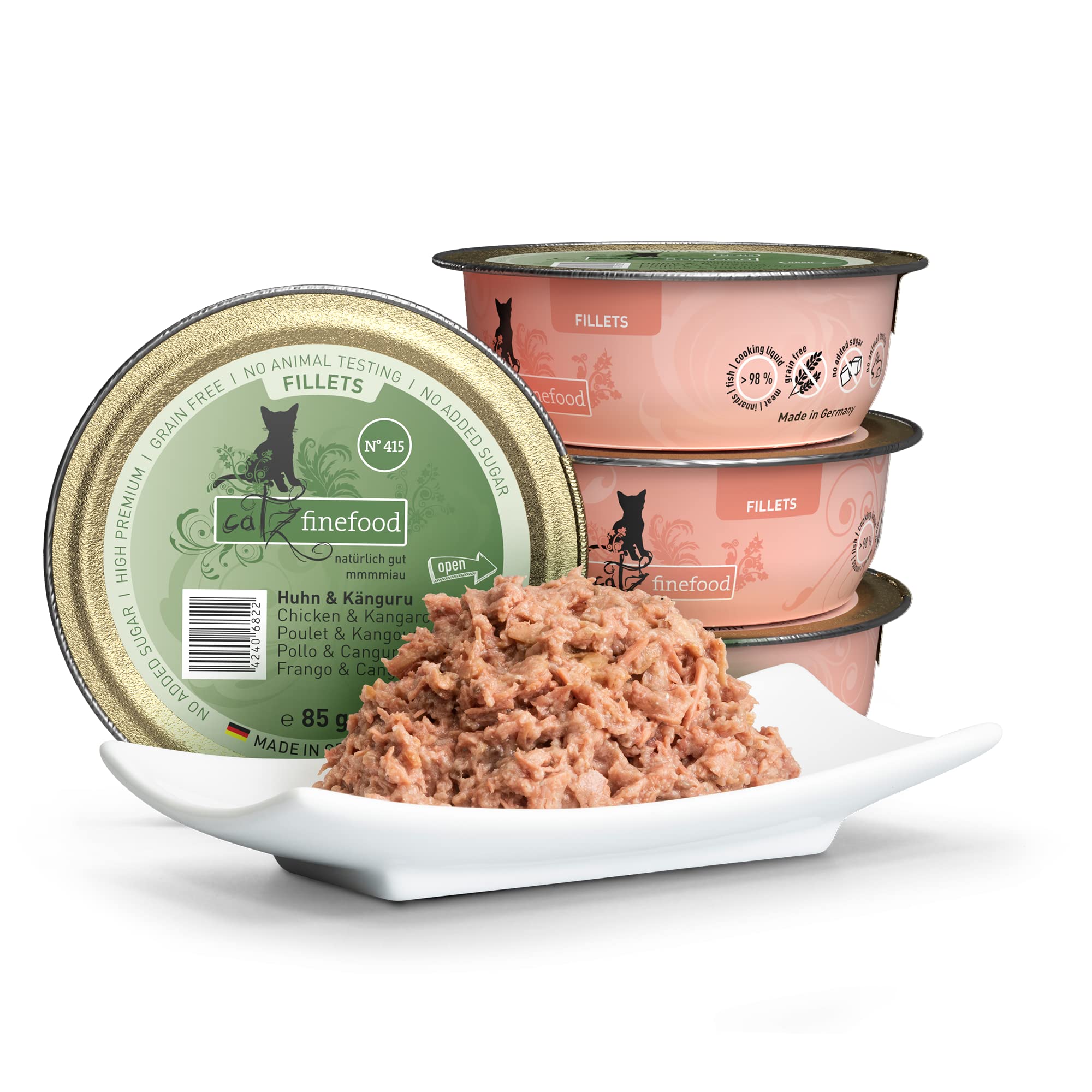 catz finefood Lot de 12 sachets de Nourriture Humide pour Chat - Filets Fins - N° 415 - Poulet et Kangourou en gelée - sans céréales - sans Sucre - 85 g