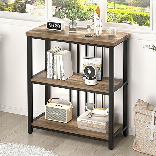 Miniatura 10 de FOLUBAN Estantería de 3 niveles, estantería industrial y estantes para libros, para dormitorio, madera rústica y metal, para oficina, roble