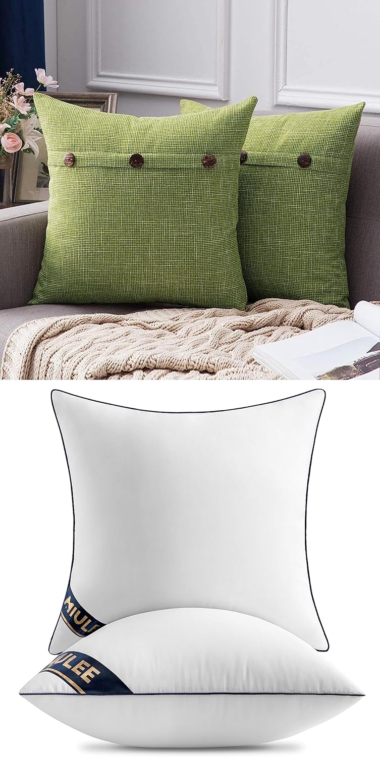 MIULEE Pack of 2 Decorative Triple Button Pillow Covers Green Bundle Set of 2 Pillow Inserts 18x18