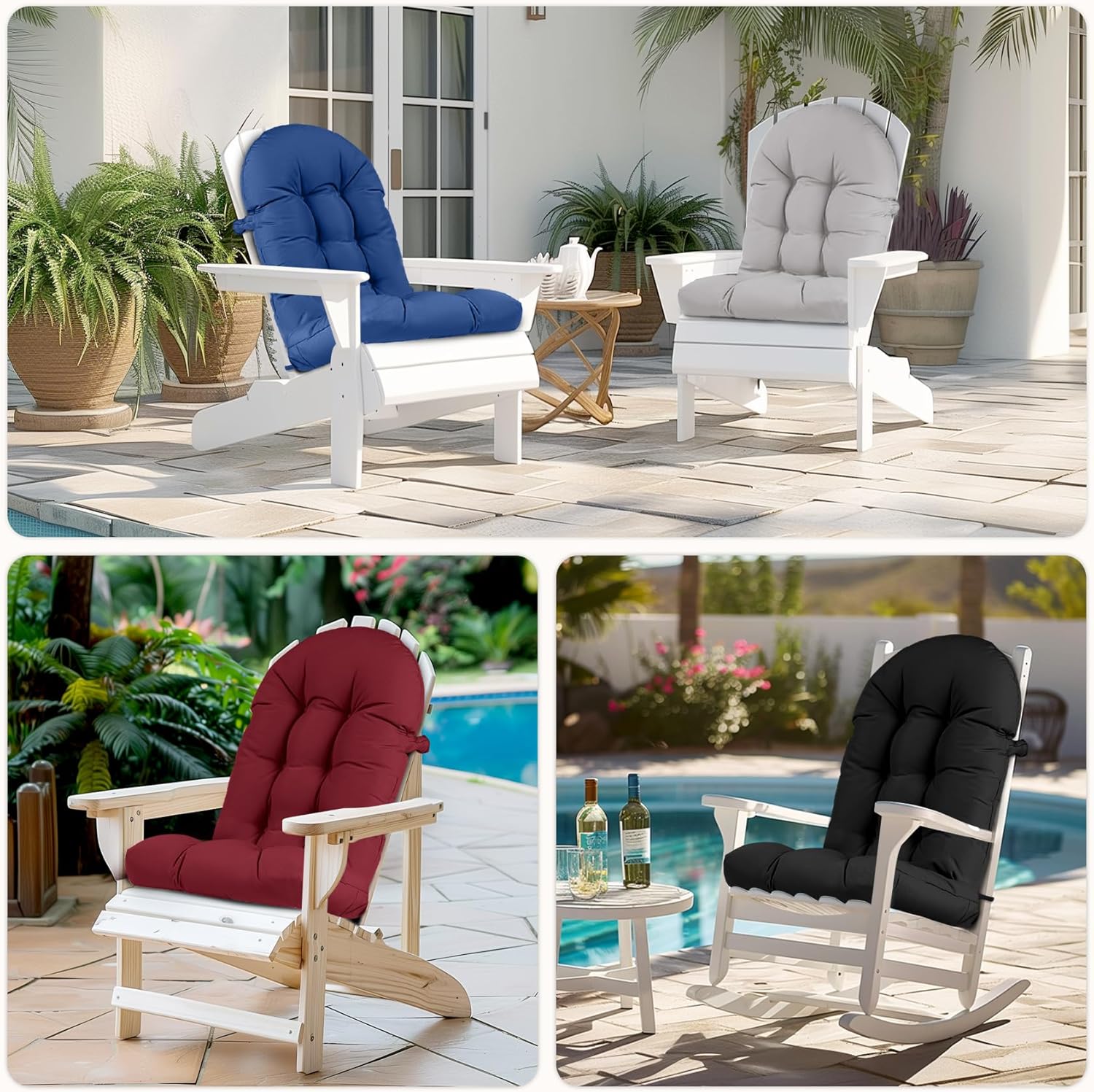 Adirondack Chair Cushion,44 Inches Waterproof High Back Outdoor Chair Cushions with Non-Slip Bottom,High Back Patio Chair Cushions,Rocking Chair Cushion Outdoor with Lace-up
