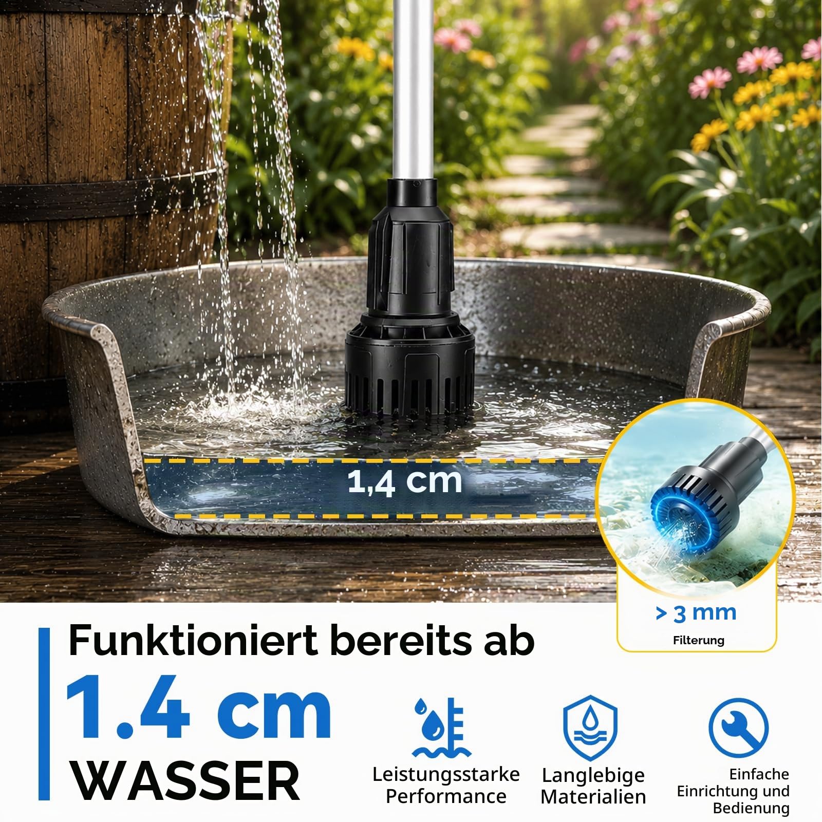 Kabellose Regenfasspumpe für 18V Makita Akku, 1800 L/h, 3m Förderhöhe