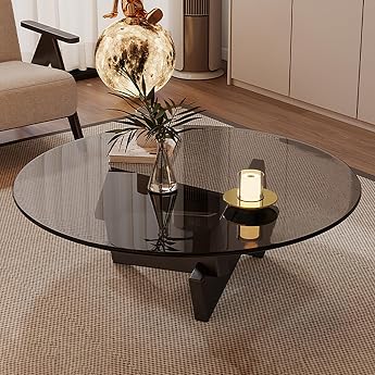 Round Glass Coffee Table Living Room Table Central Living Room Coffee Table Solid Wood Legs Minimalist Design for Living Room or Office Black W 70 x H 31 cm / 28 x 13 inches