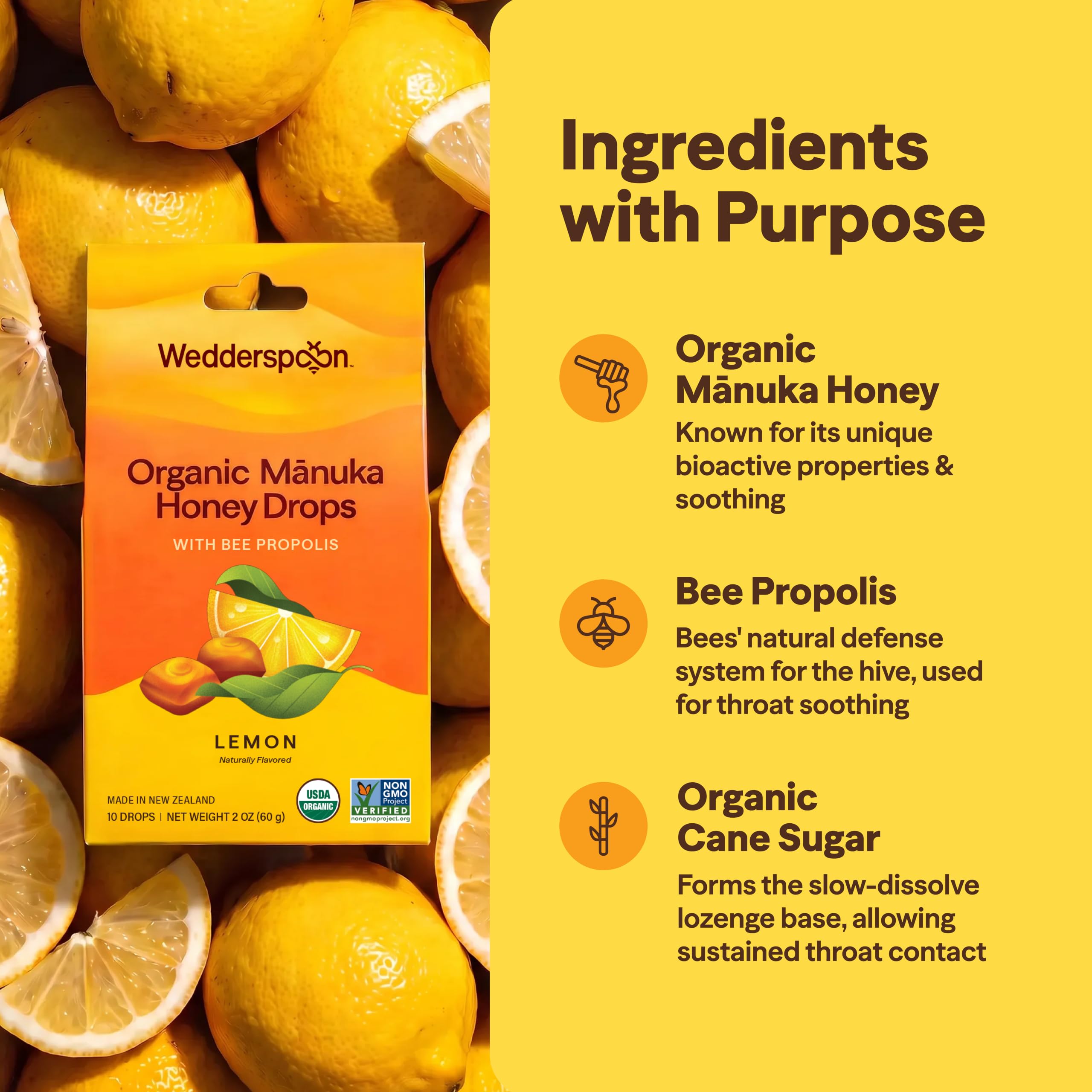 Wedderspoon Organic Manuka Honey Drops, Lemon & Bee Propolis, 20 Count — Amazon image 5