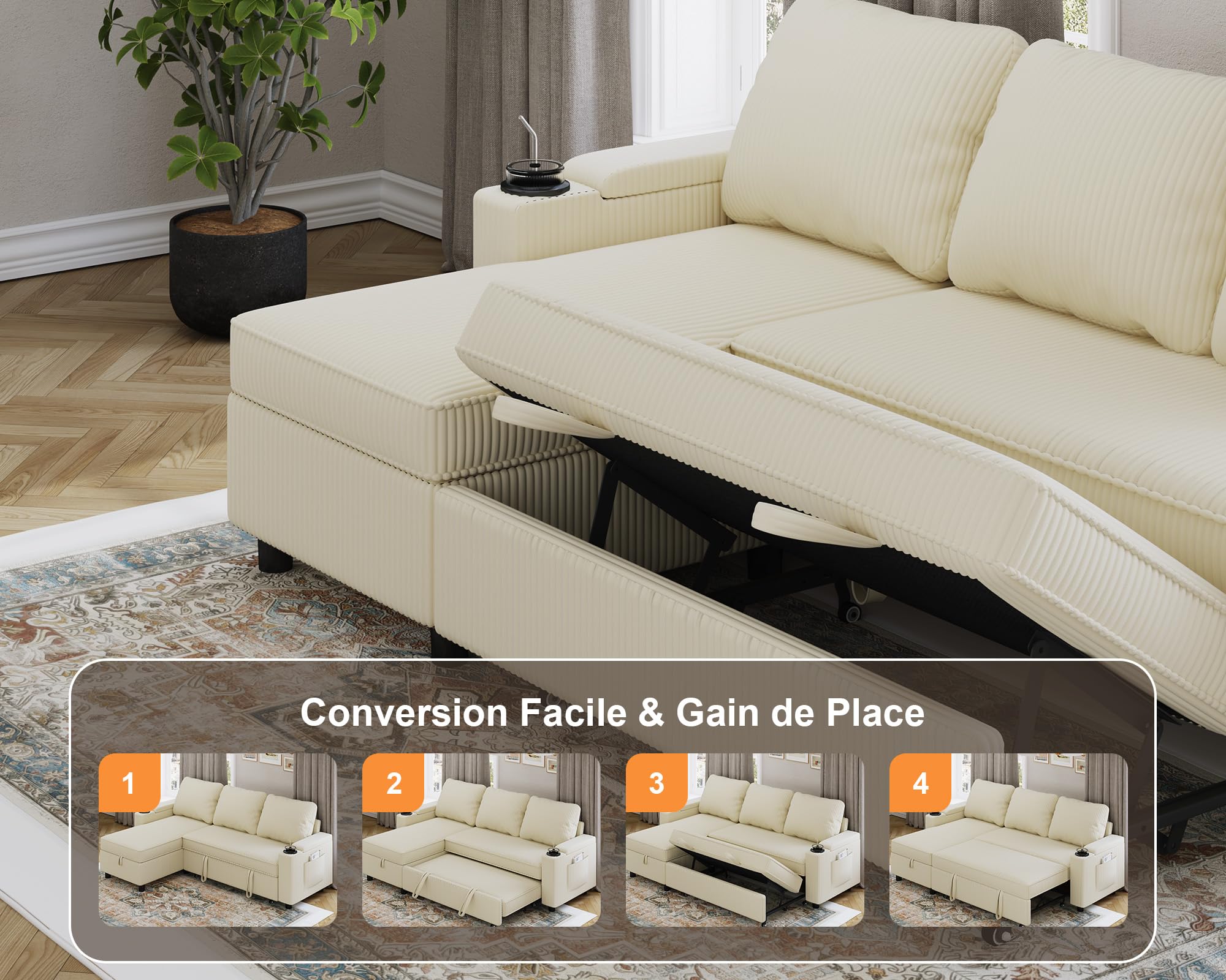 Devoko Canape Dangle Convertible, Canapé Convertible avec Rangement et Méridienne Réversible, Multifonctionnel Canape 3 Places Canapé Lit avec Accoudoirs pour Salon et Petit Appartement,Beige