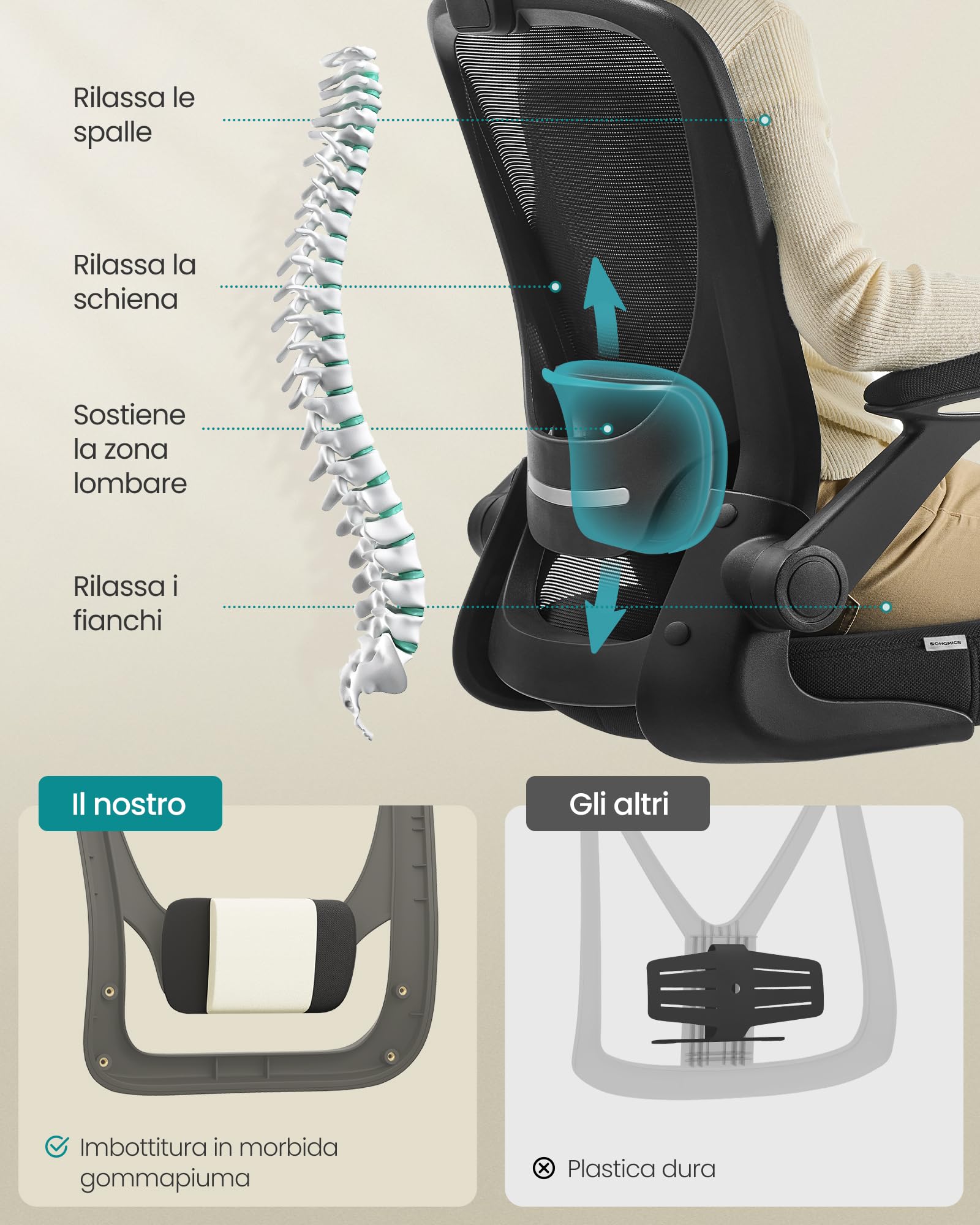 SONGMICS Sedia da Ufficio Girevole, Sedia di Rete da Computer Ergonomica, Supporto Lombare, Oscillante, Seduta 53 cm, Braccioli Pieghevoli, Nero OBN37BK