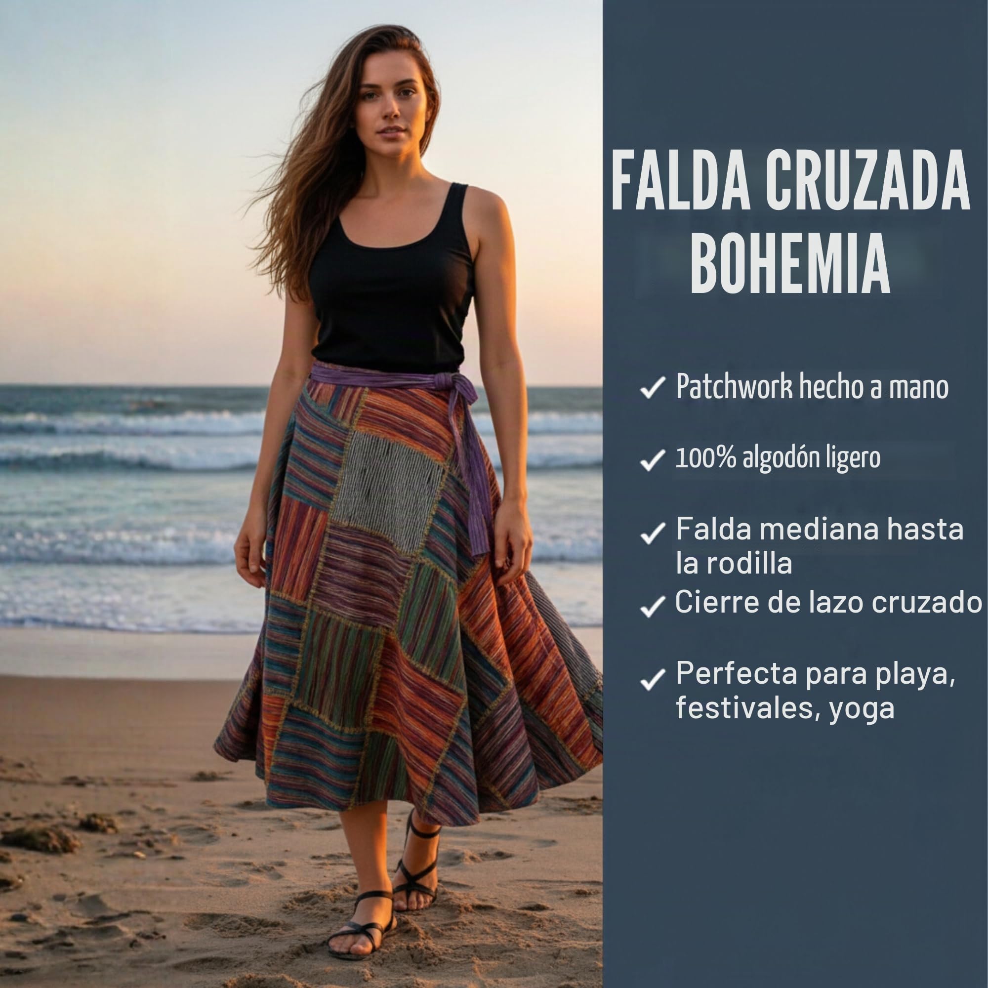 SHOPOHOLIC FASHION Envolvente Redondo Hippy Festival Patchwork Boho Falda Larga | Festival, longitud hasta la rodilla, multicolor
