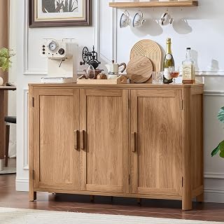 Joaxswe 46" Mid Century Modern Sideboard Buffet Cabinet, Arc-Shaped Credenza with 3 Doors, Adjustable Shelves, Dark Wood Storage for Kitchen & Living Room