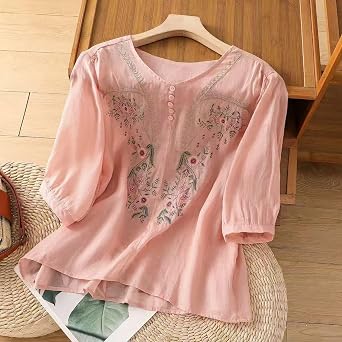 Embroidered Tops for Women Floral Cotton Linen Tunic Tshirt Peasant Tee Women 3/4 Sleeve V Neck Button Boho Ethnic