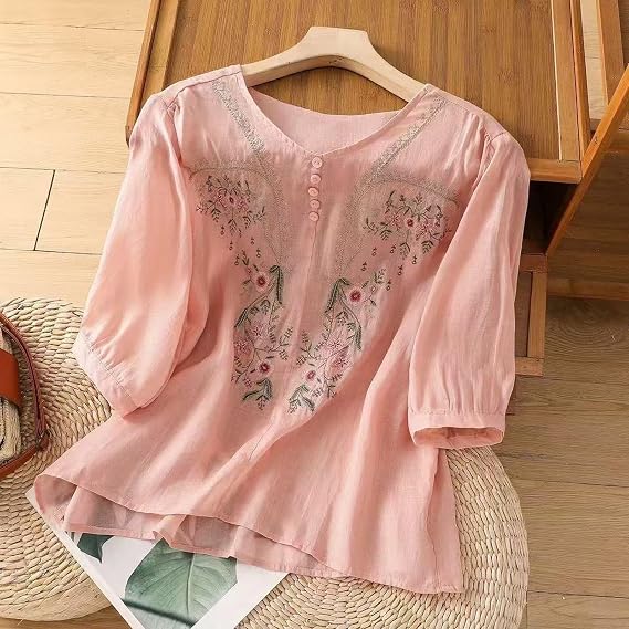 Embroidered Tops for Women Floral Cotton Linen Tunic Tshirt Peasant Tee Women 3/4 Sleeve V Neck Button Boho Ethnic