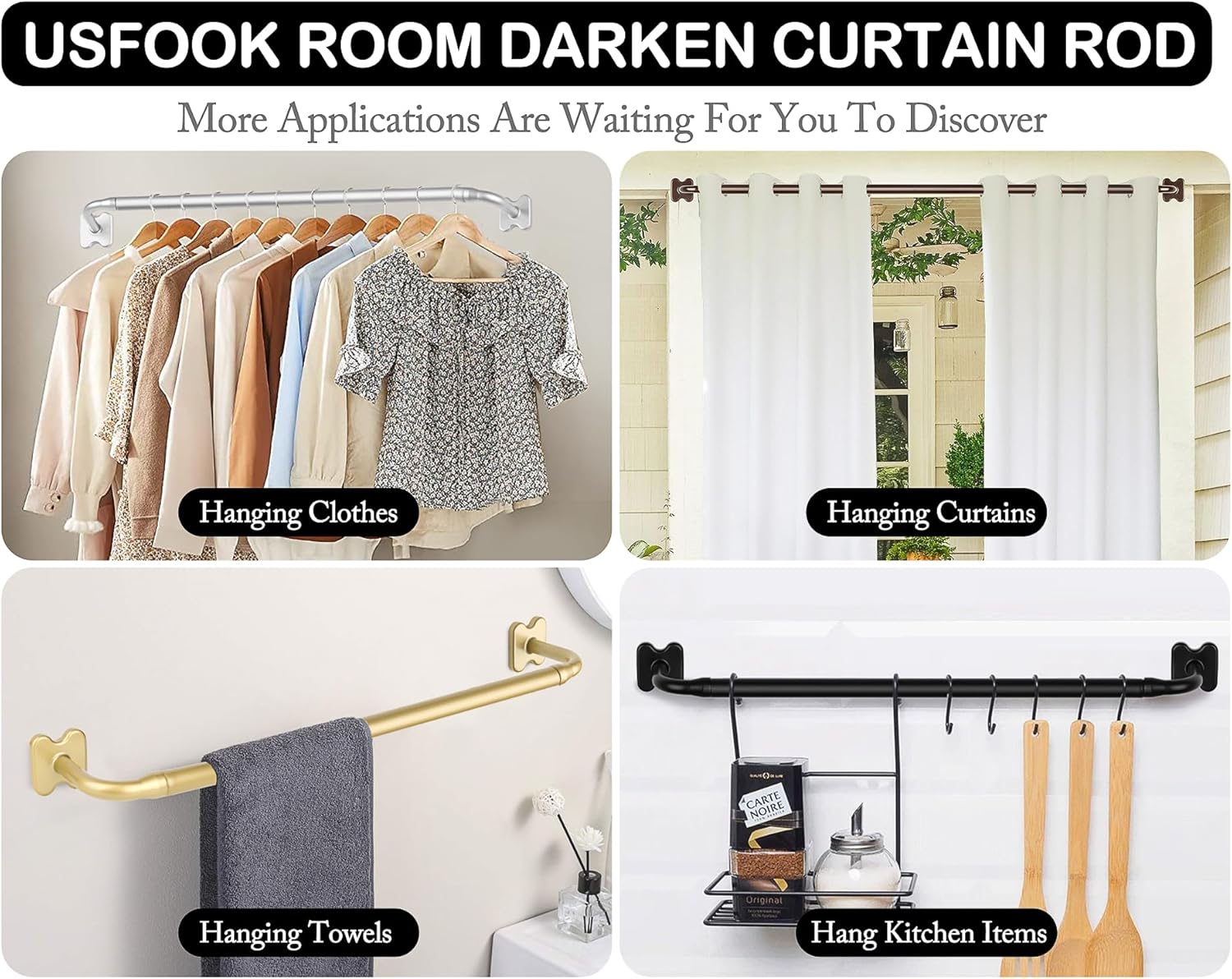 Silver Wrap Around Curtain Rod for Windows 48 to 84 Inch and 2 Pack Curtain Holdbacks for Wall with Silver Translucent Finials, Room Darkening Drapery Rods(bundles)