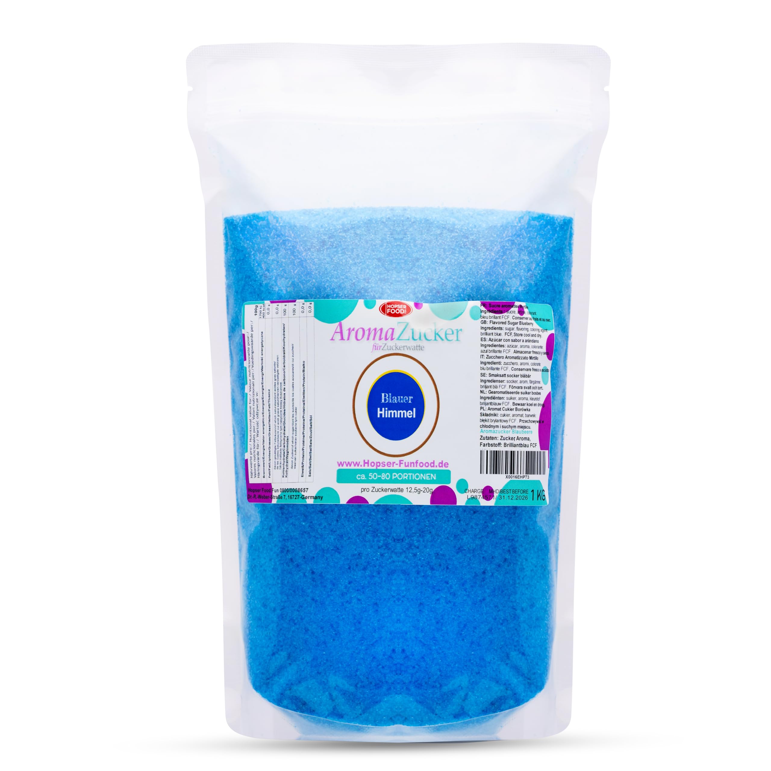 Hopser Food Fun barbe à papa Colorful | Strawberry, Cherry, Cola, Vanilla, Blue Cotton Candy (Bubble Gum),1 KG Sucre coloré