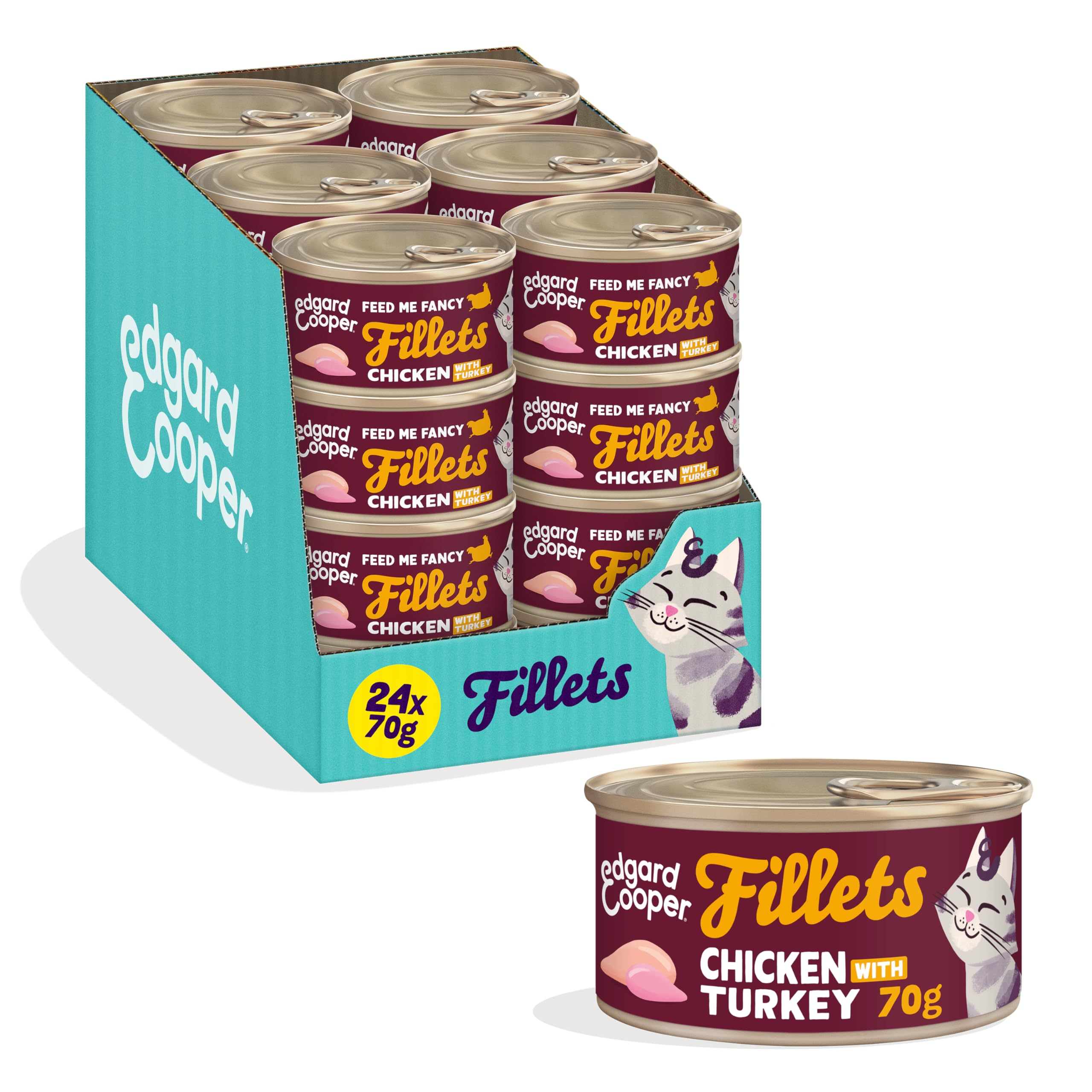 Edgard & Cooper Wet Cat Food, Fillets In Broth, 24 x 70g Chicken with Turkey, Grain-Free Cat Food, Natural Ingredients, Also For Sterilised Cats, Real Chicken & Turkey, No Added Sugar