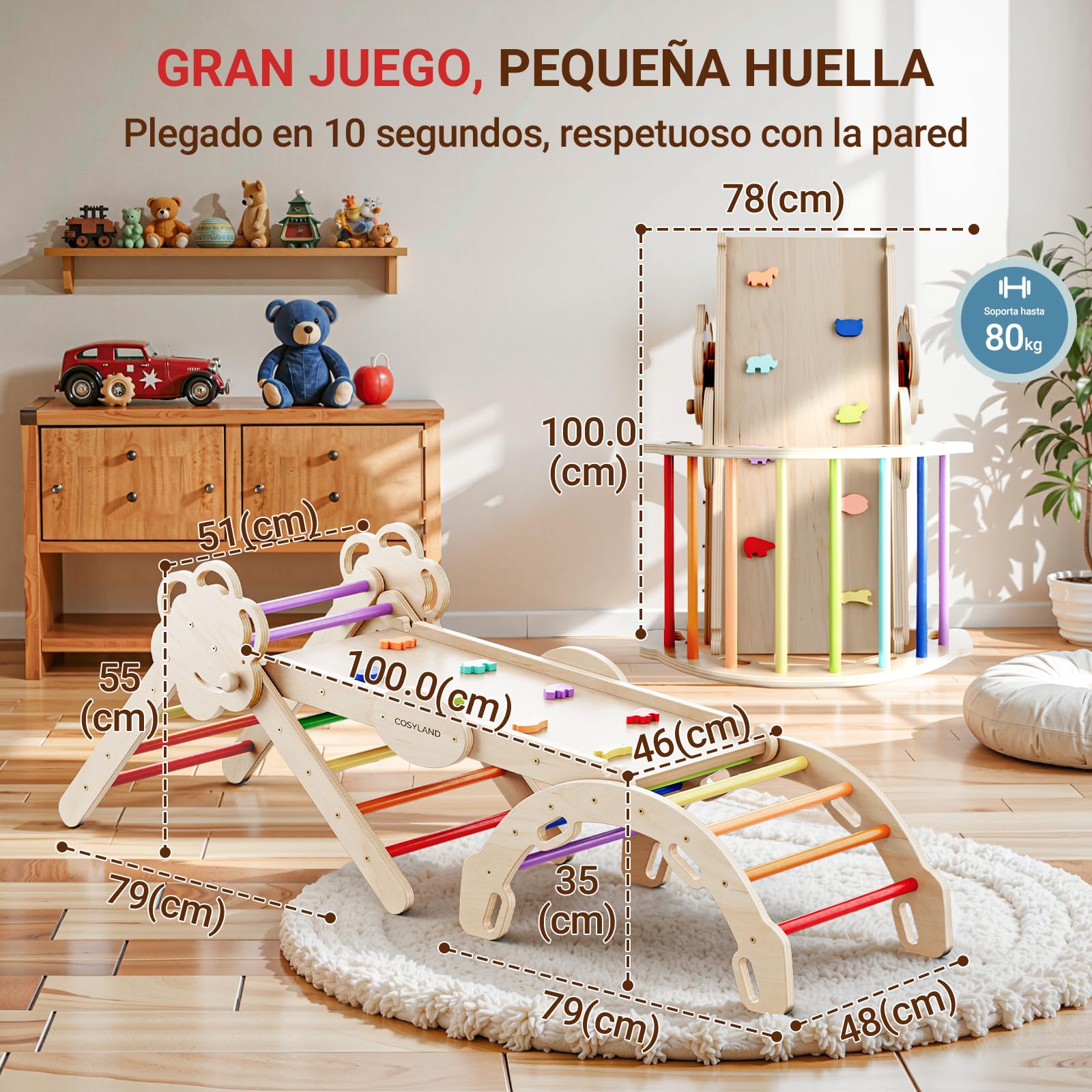 COSYLAND 8 en 1 Triángulo de Escalada Montessori con Arco y Rampa, Set Plegable Infantil, Juguete de Madera Resistente para Interior, Niños 18 Meses-6 años, Natural/Multicolor, Grande
