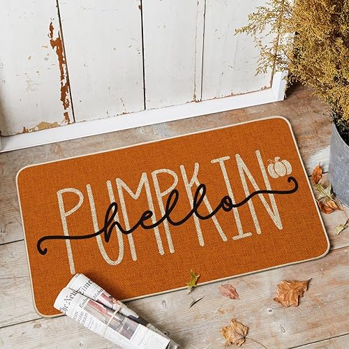 Miniatura 2 de Artoid Mode Tapete de otoño naranja con texto en inglés "Hello Pumpkin", decoración otoñal del hogar, tapete de bajo perfil, tapete para puerta de
