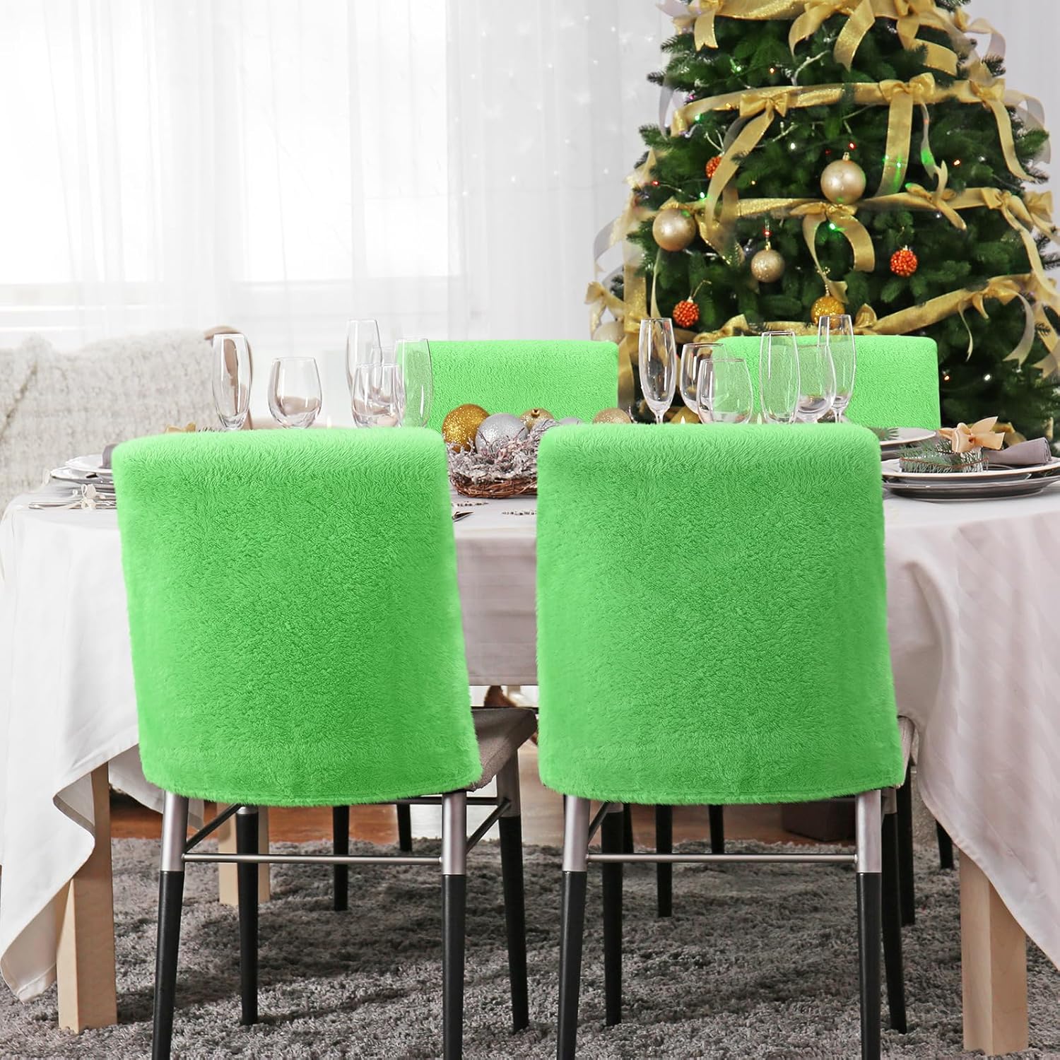 Christmas Chair Covers Set of 4, Luxury Plush Lime Green Chair Back Covers Xmas Chair Protector Slipcovers for Holiday Indoor Kitchen Bar Counter Stools Christmas Dining Room Home Decor