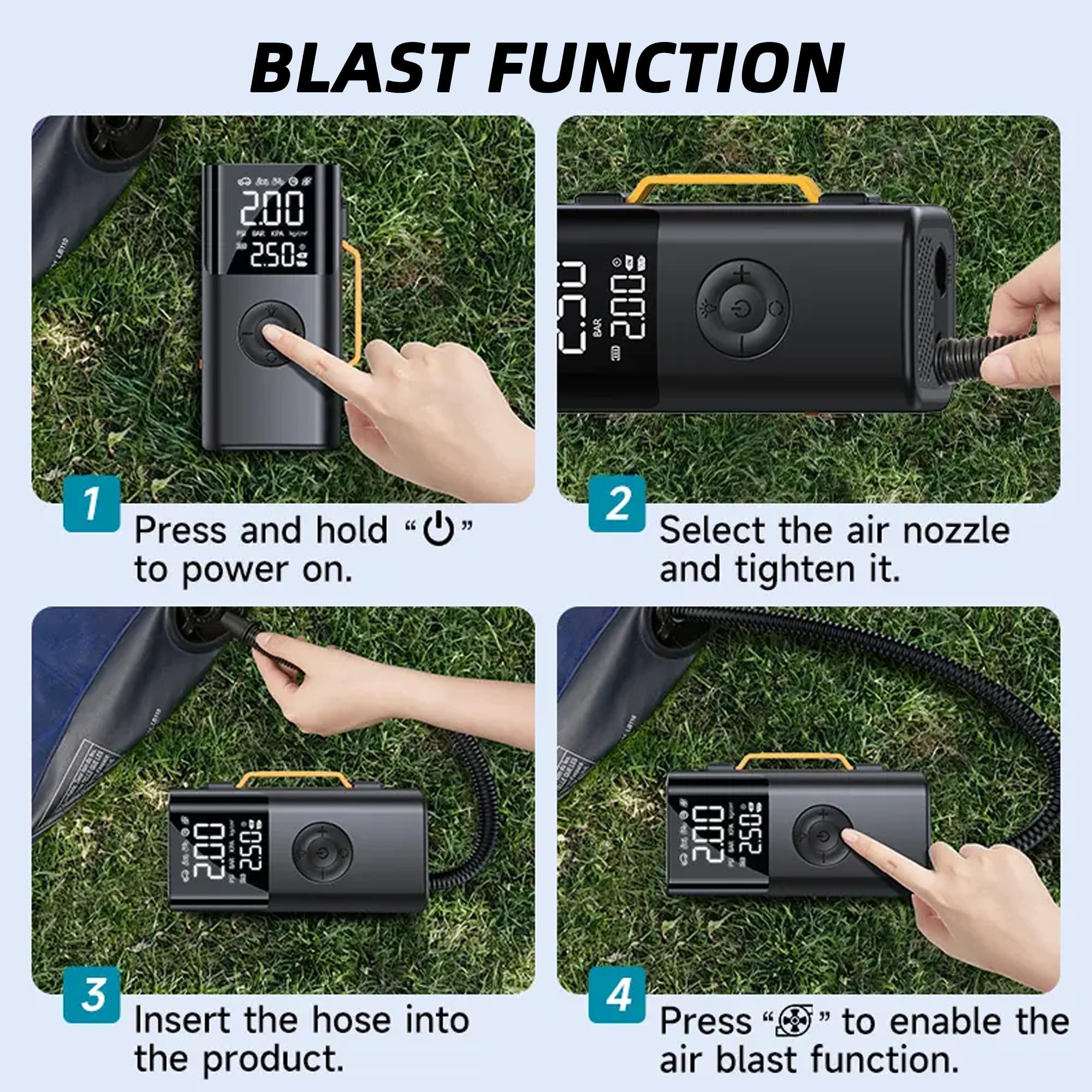Arrancador todo en uno con bomba de aire y banco de energía, inflador de neumáticos de 150 PSI, compresor de 12 V con batería de 6000 mAh, pantalla digital, luz LED de emergencia, inflado rápido