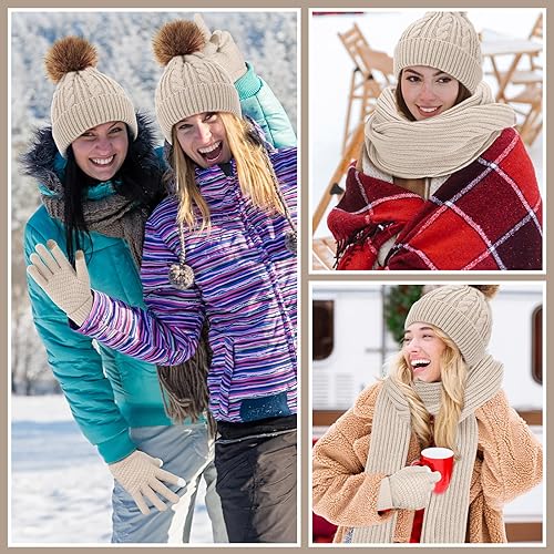 Miniatura 7 de Geyoga Juego de 3 piezas de gorro de invierno, bufanda y guantes cálidos con pantalla táctil, gorro de calavera de punto para hombres y mujeres