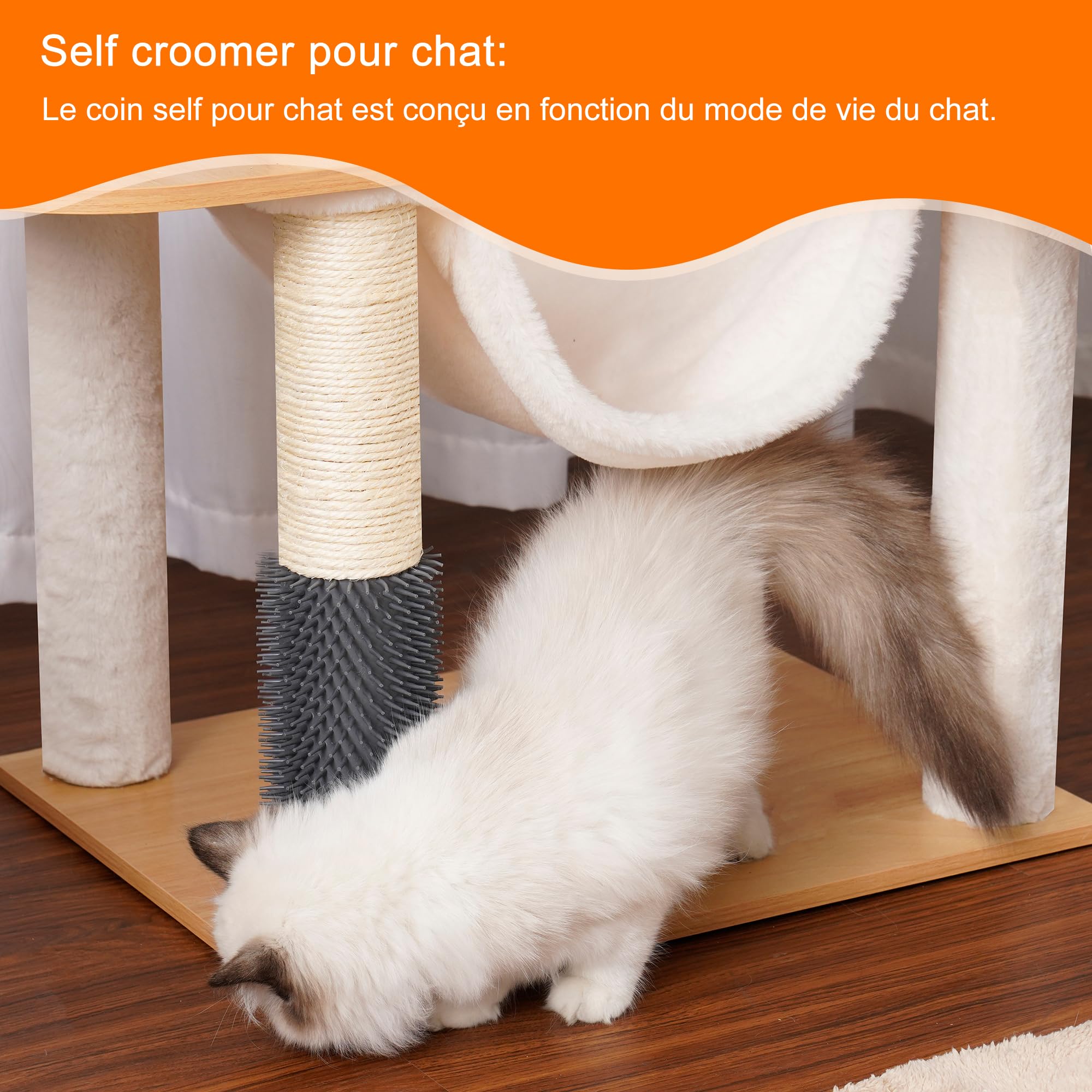 Heybly Arbre à Chat Moderne, Arbre à Chat en Bois avec 5 Griffoirs, Planche à Griffer, Panier, Tour de Jeu 156 cm, Niche, Plateforme, Hamac, 3 Pompons, Tapis Lavables, Noyer HCT120WB