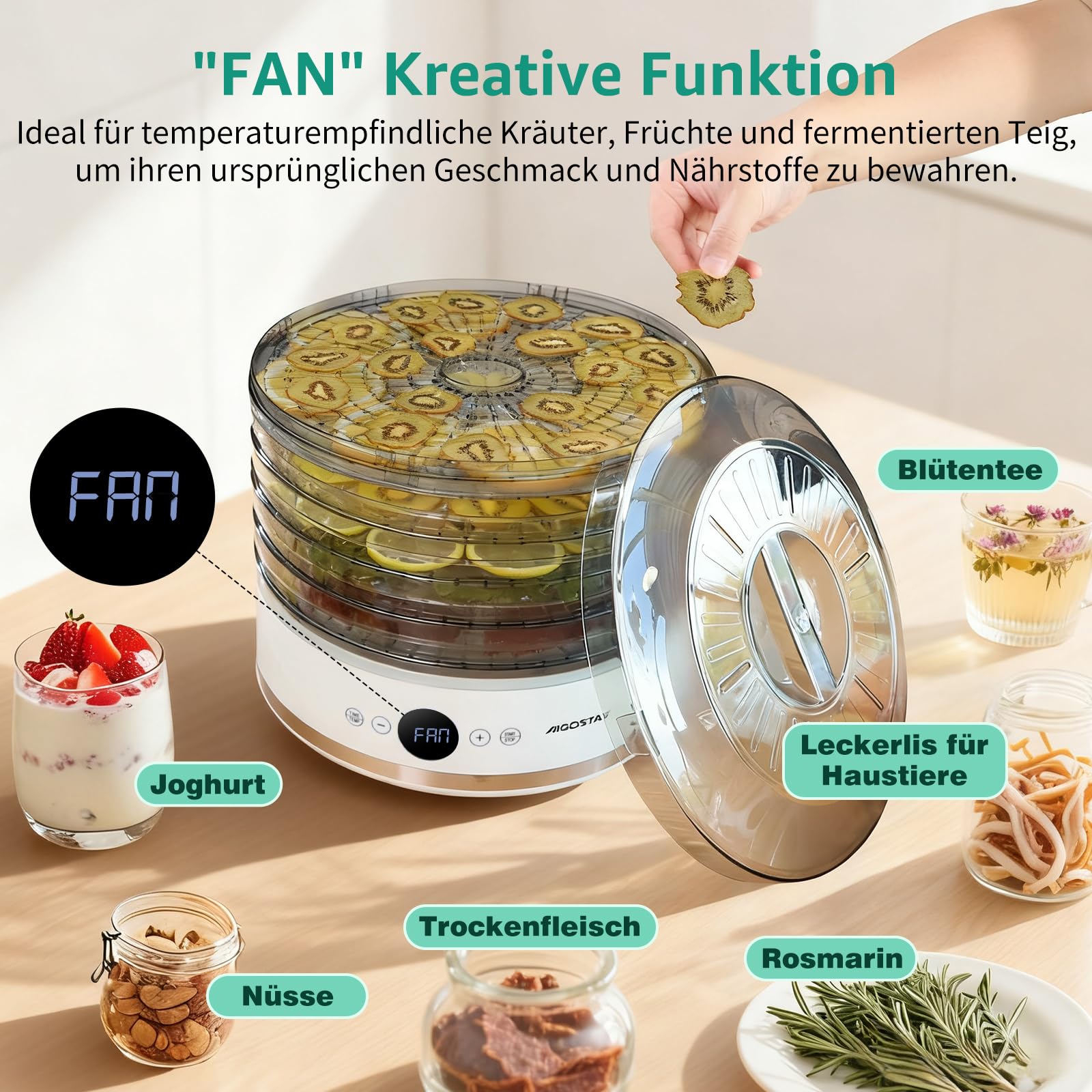 Aigostar Dörrautomat, LED-Anzeige, 5 höhenverstellbaren Tabletts, 48h-Timer, Dörrgerät mit "FAN"-Modus & einstellbarer Temperatur 35-70°C, leiser Betrieb, 380W, BPA-frei, Rezeptbuch inklusive