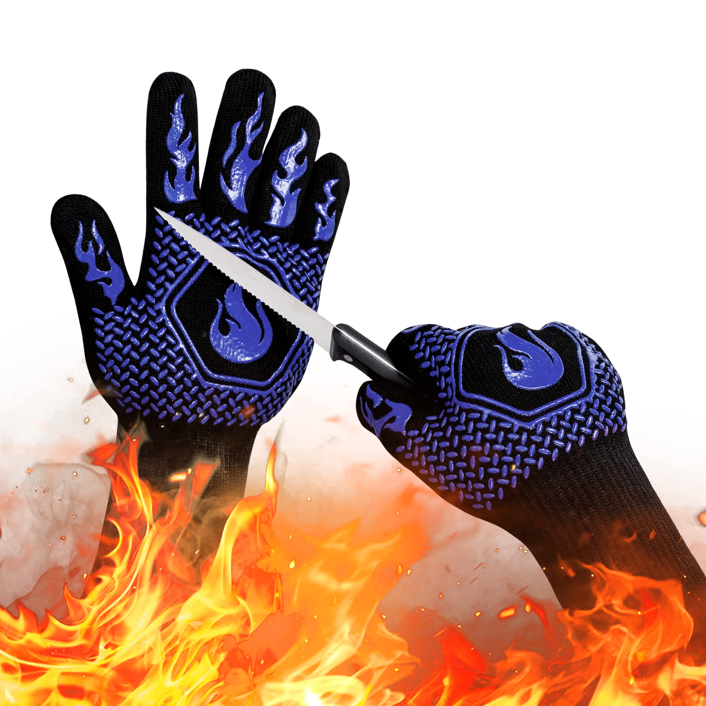 BBQ Fireproof Gloves, Grill Cut-Resistant 1472°F Heat Resistant Gloves, Non-Slip Silicone Oven Gloves, Kitchen Safe Cooking Gloves for Oven Mitts,Barbecue,Cooking, Frying,13.5 Inch-Blue