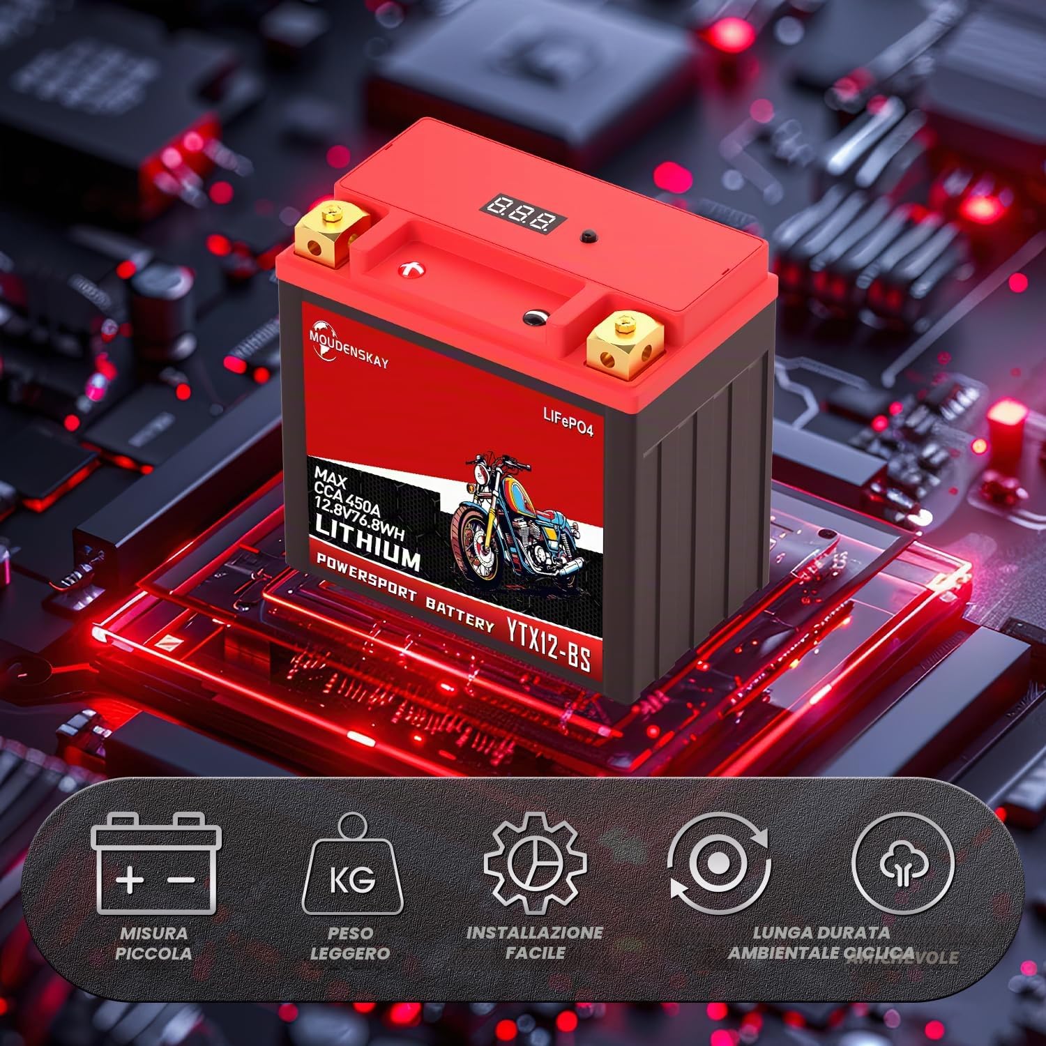 YTX12-BS Batteria Litio Moto 12V Batteria LiFePO4 Moto 12.8V 6AH | Protezione BMS e Schermo 380-450CCA 76.8WH Batteria Moto LiFePO4 per moto,ATV,UTV,veicoli d'acqua, ecc
