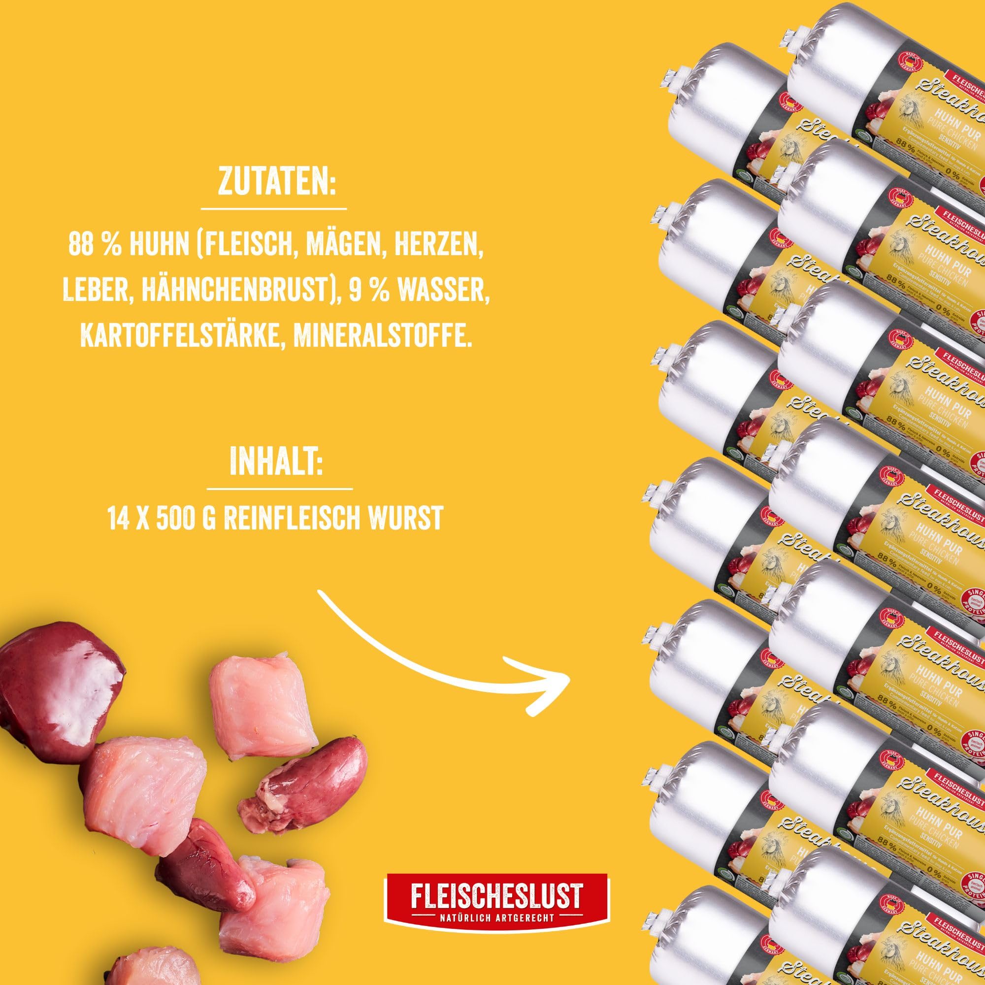Steakhouse Huhn pur (14x500g), Nassfutter für Hunde & Katzen, sensitives Ergänzungsfutter, Monoprotein, getreidefrei, 14x Wurst von Fleischeslust