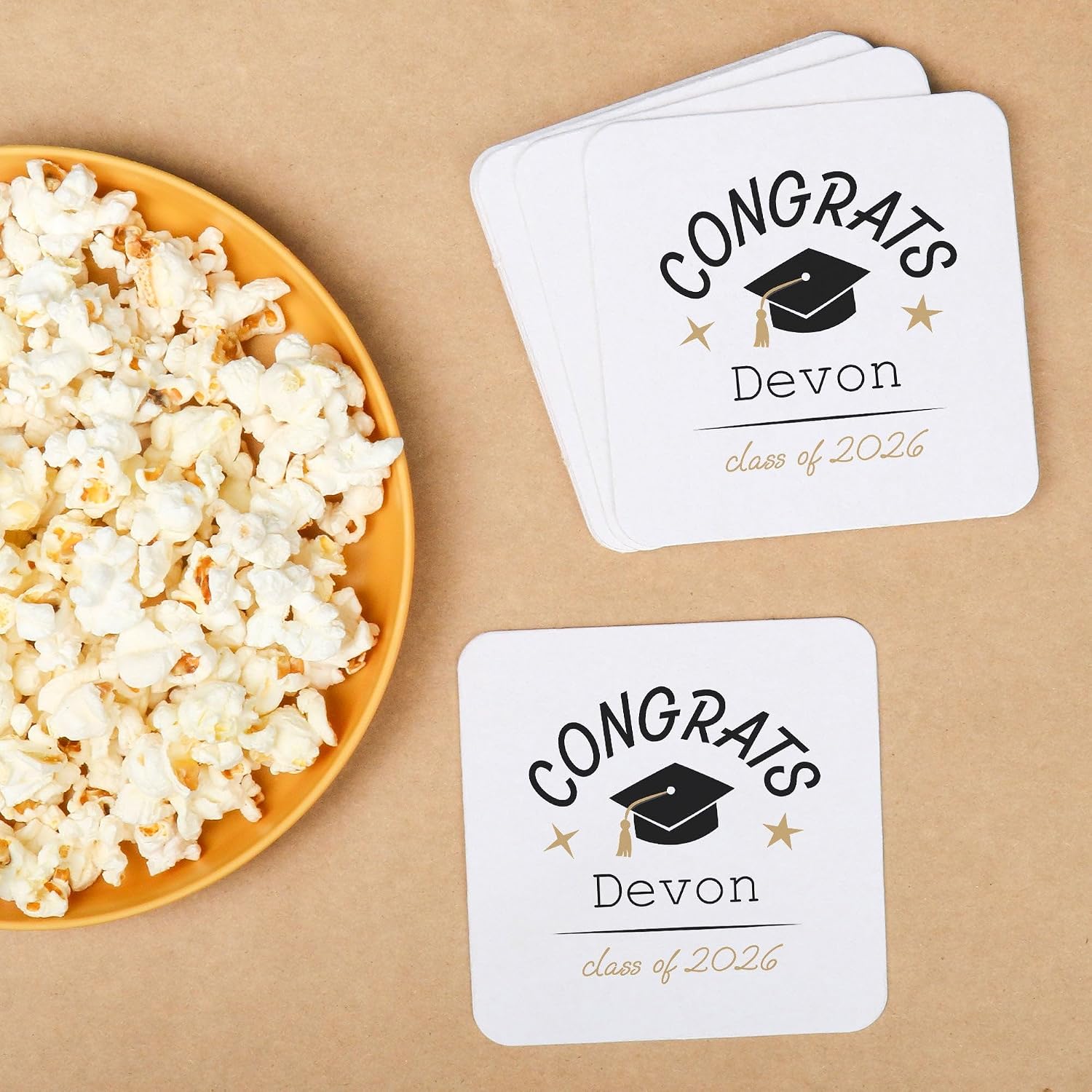 Big Dot of Happiness Personalized Black and Gold Graduation Drink Coasters, 4-Inch Disposable Square Paper Coasters, Congrats Custom Grad Party Supplies, Table Decor for Beverage Drinks - 100 Ct