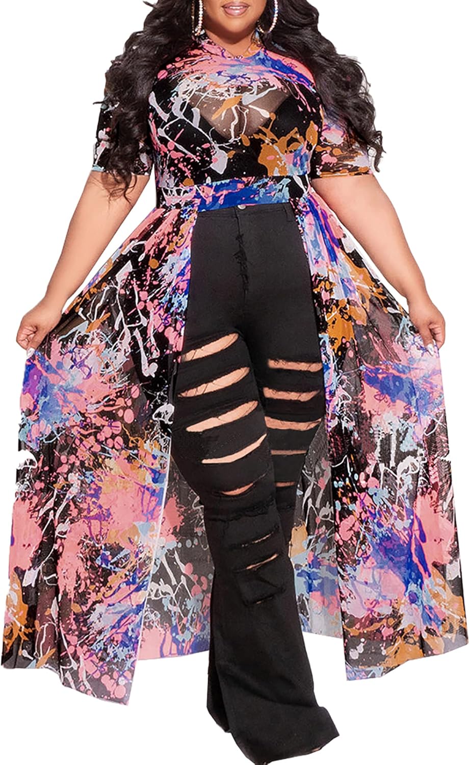 Women's Plus Size High Low Tops Blouse Puff Short Sleeve Mesh See Through Maxi Tunic Shirt Dresses