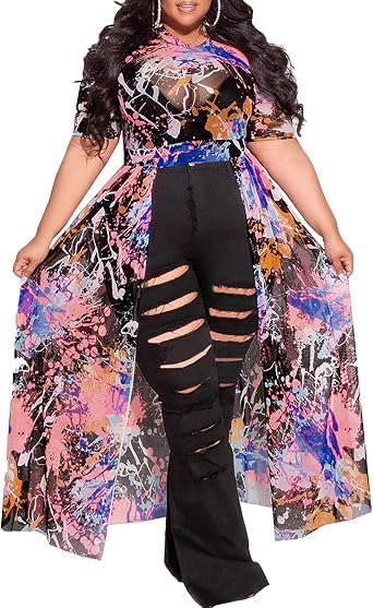 Atyfuniby Plus Size High Low Tunic Dress Mesh Puff Sleeve Blouse