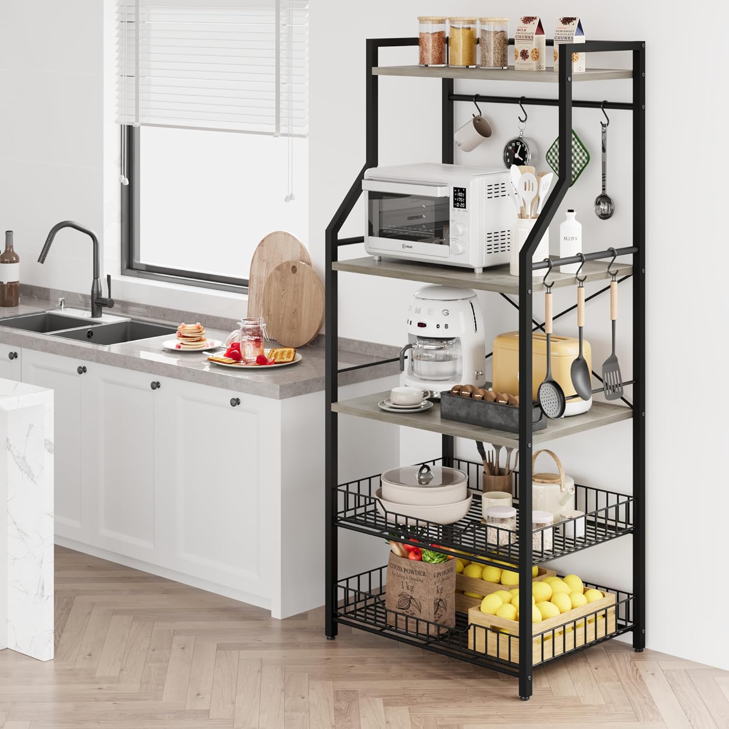 5-Tier Kitchen Bakers Rack, Compact Microwave Oven Stand with 2 Large Storage Baskets & 8 Hooks, Freestanding Coffee Bar Station, Sturdy Metal Frame Organizer for Kitchen Appliances, Black & Gray