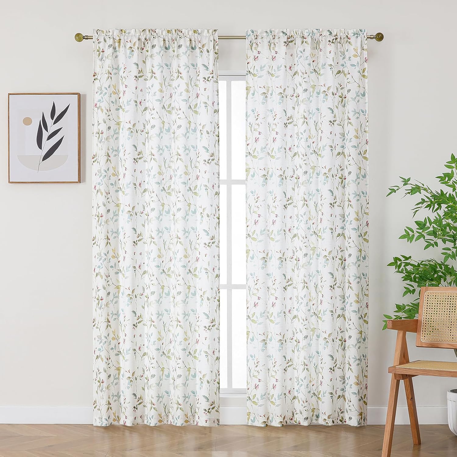 Chyhomenyc Light Filtering 72 Inch Window Curtains - Linen Blend Floral Printed Curtains Drapes for Living Room, Soft Farmhouse Curtain for Bedroom, 52Wx72L Inch, 2 Panels