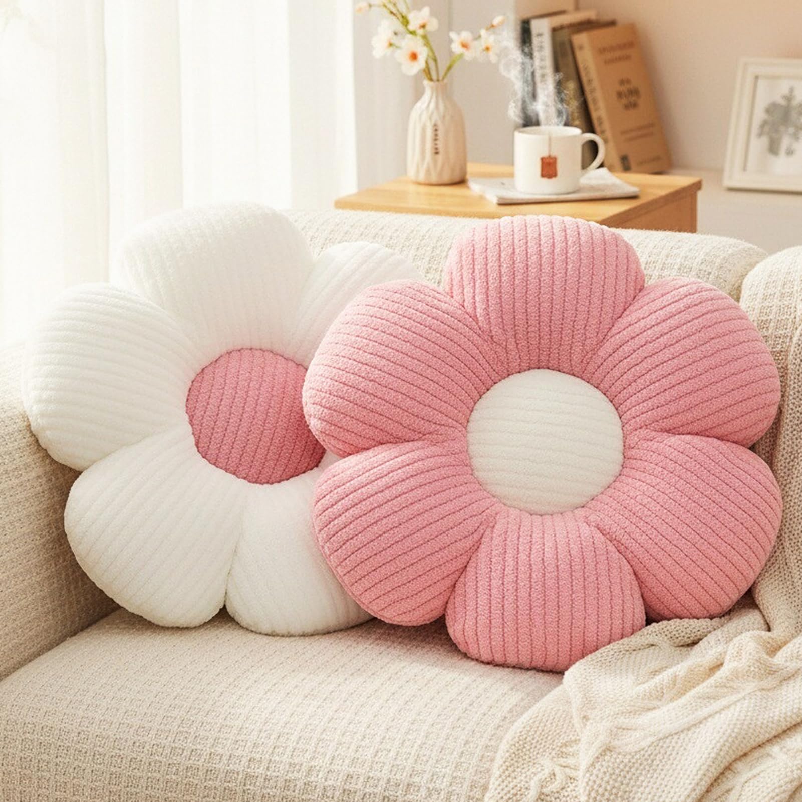 2 cuscini a forma di fiore, morbidi cuscini da pavimento per divano, soggiorno, camera da letto, decorazione per la stanza delle ragazze, bianco e rosa