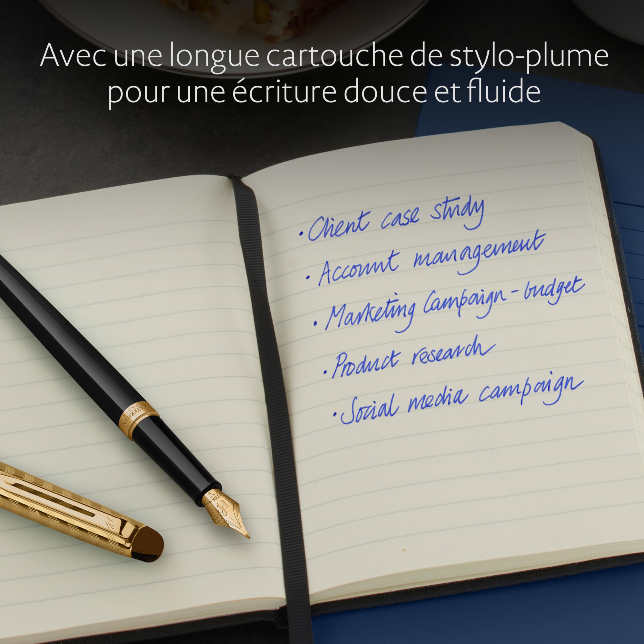 Waterman Hémisphère Stylo plume | La collection Opera | Noir et or | plume moyenne et cartouche d’encre bleue | Coffret cadeau géométrique